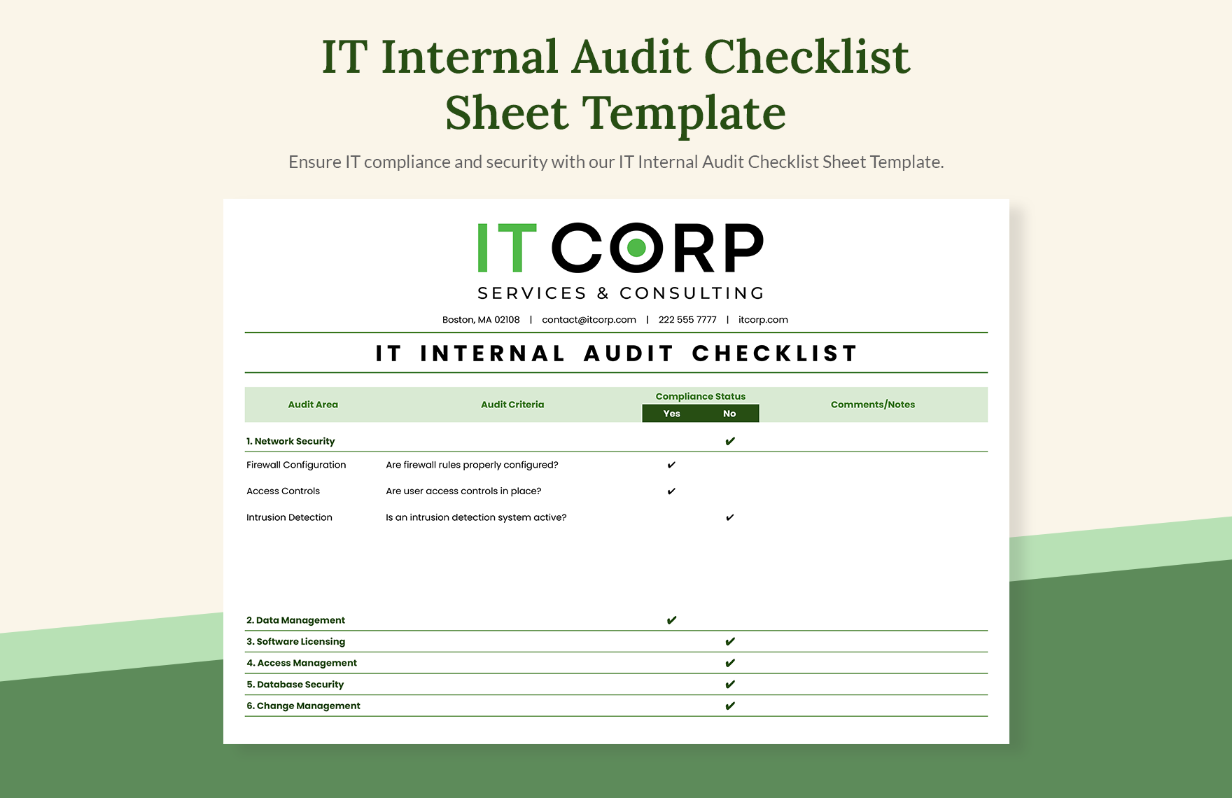 IT Internal Audit Checklist Sheet Template