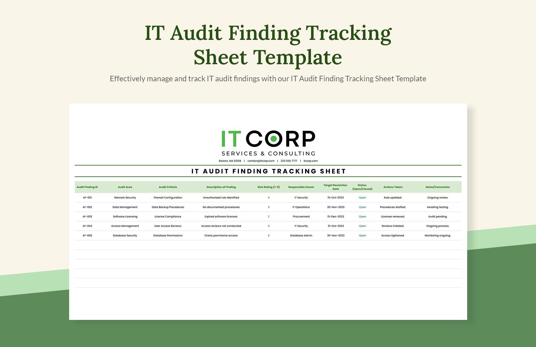 IT Audit Finding Tracking Sheet Template in Excel, Google Sheets