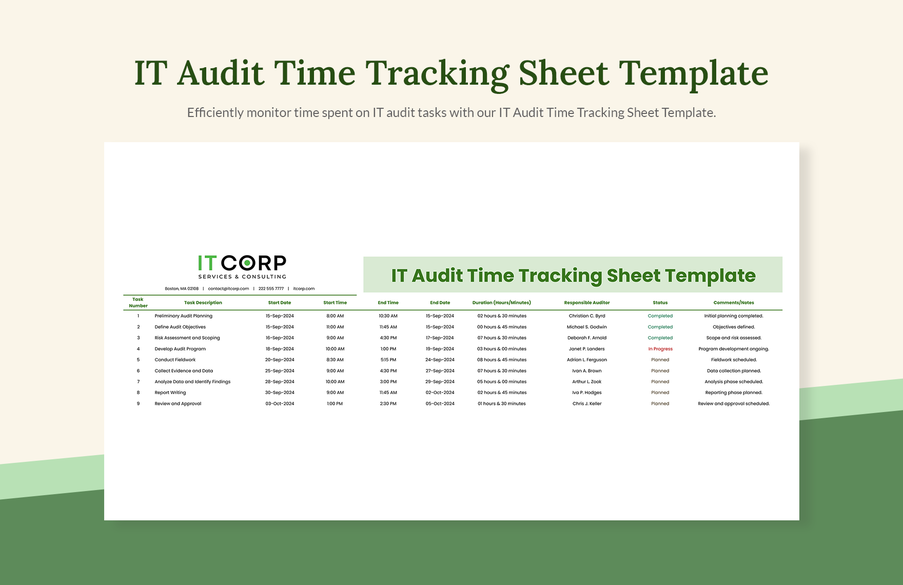 IT Audit Time Tracking Sheet Template in Excel, Google Sheets