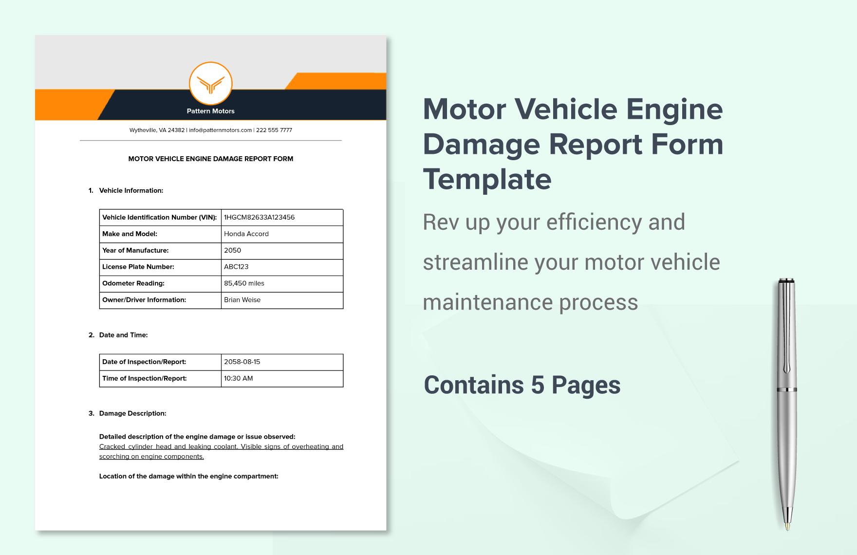 Motor Vehicle Engine Damage Report Form Template