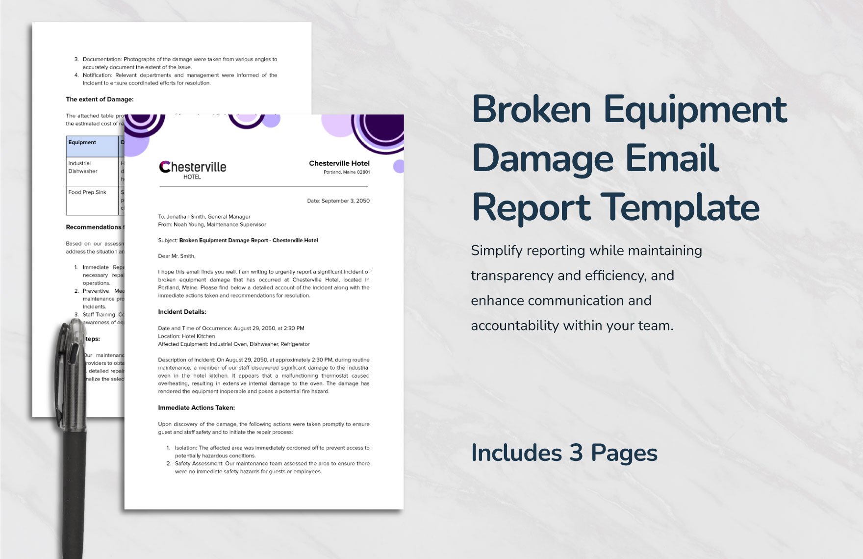 Broken Equipment Damage Email Report Template