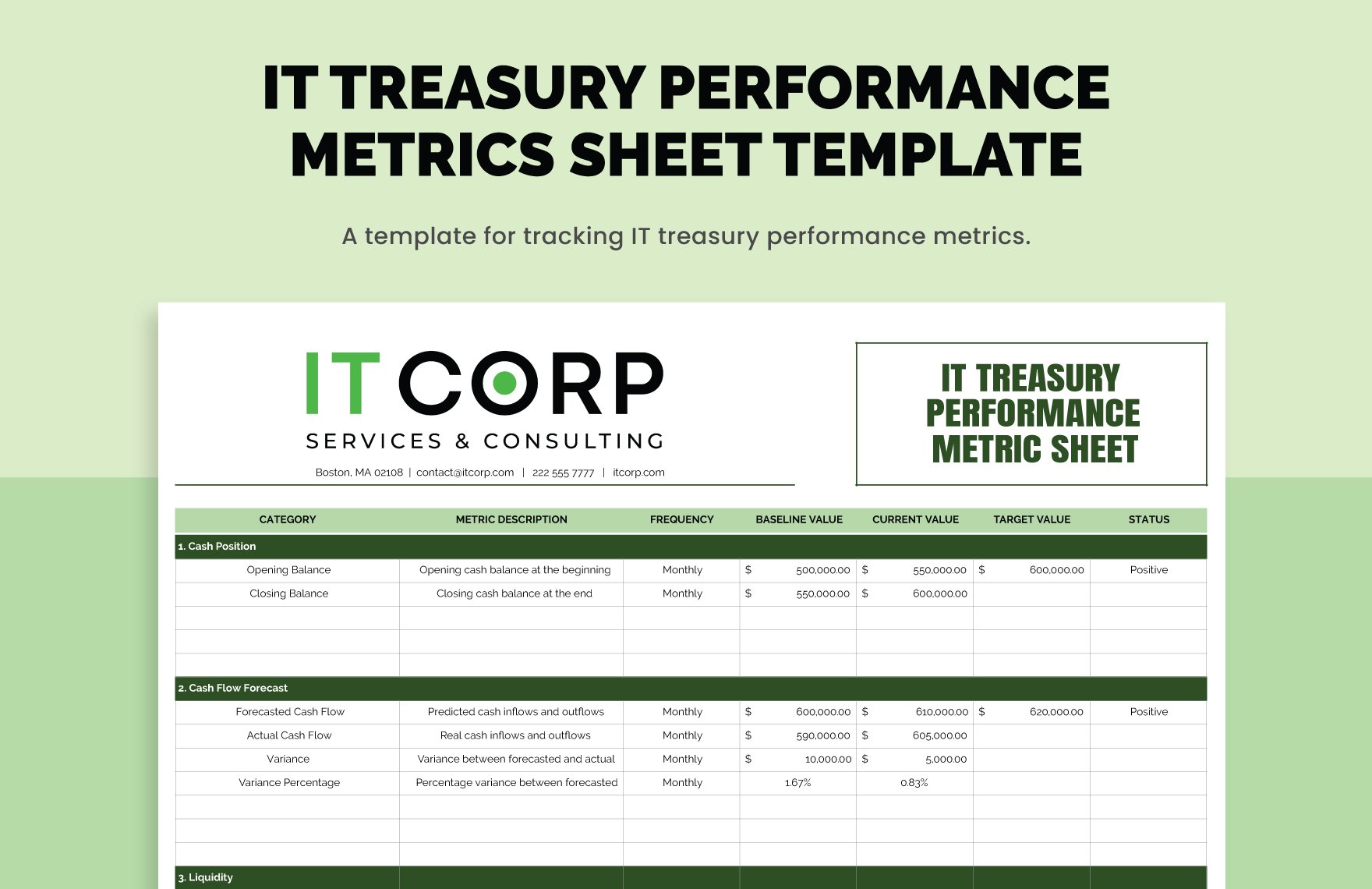 IT Treasury Performance Metrics Sheet Template