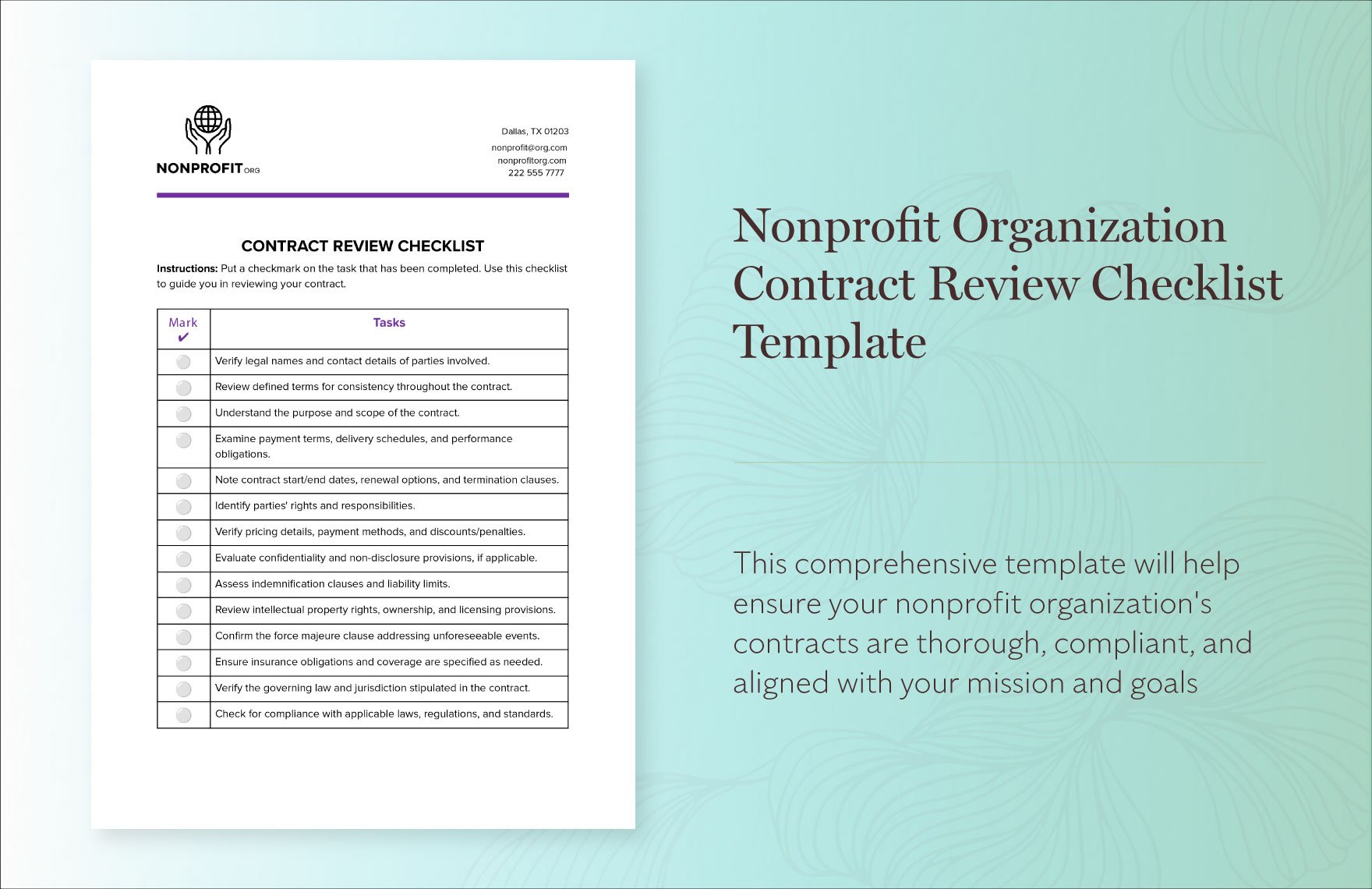 Nonprofit Organization Contract Review Checklist Template in Word, Google Docs, PDF