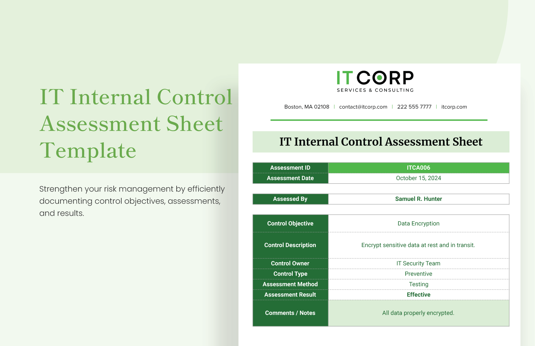 IT Internal Control Assessment Sheet Template
