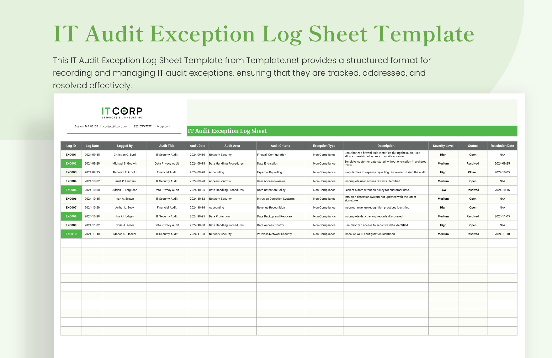 IT Audit Exception Log Sheet Template