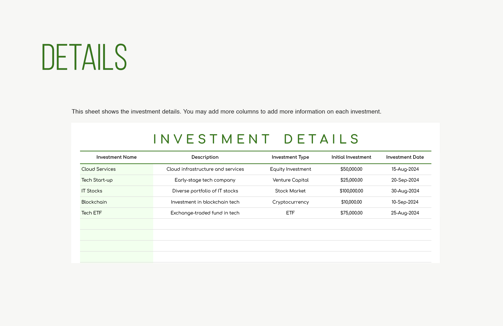 IT Investment Portfolio Sheet Template