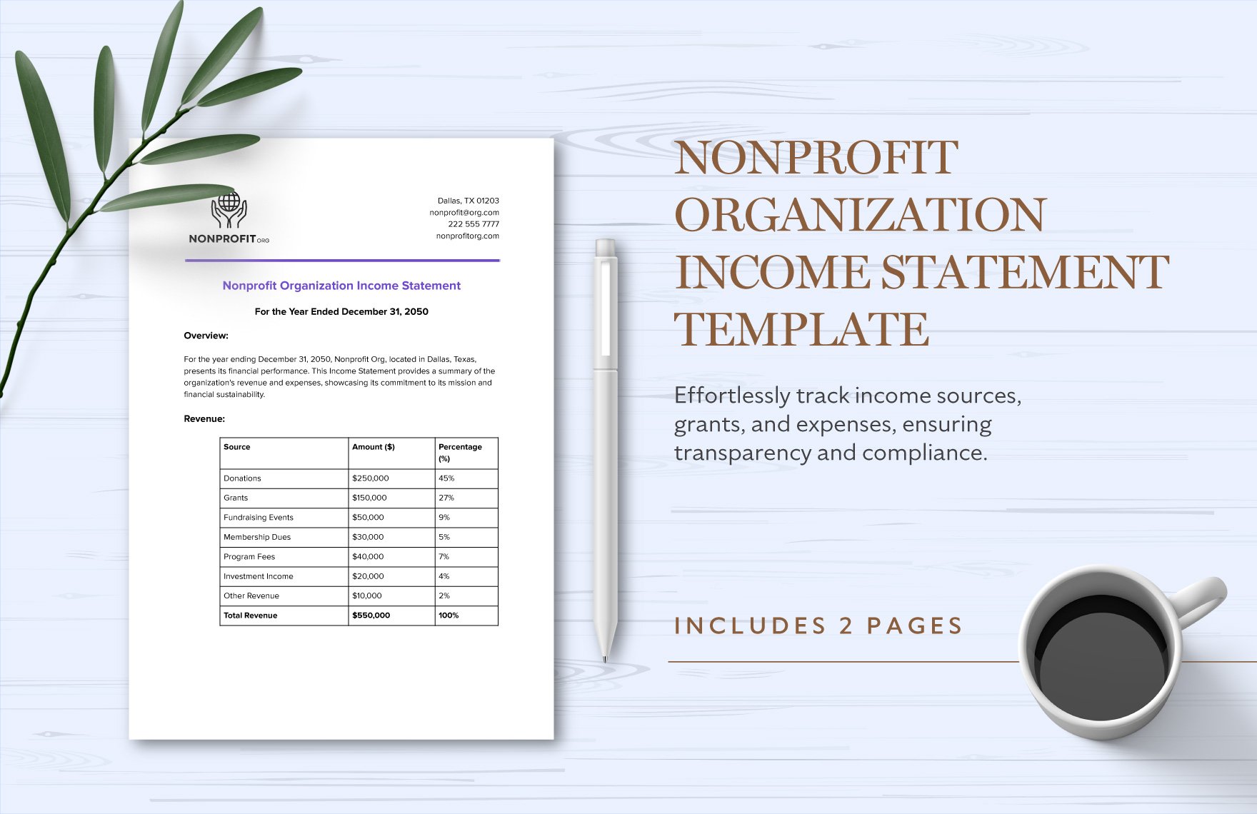 Nonprofit Organization Income Statement Template