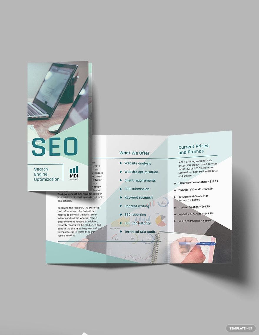 SEO Tri-Fold Brochure Template in Word, Google Docs, Illustrator, PSD, Apple Pages, Publisher, InDesign