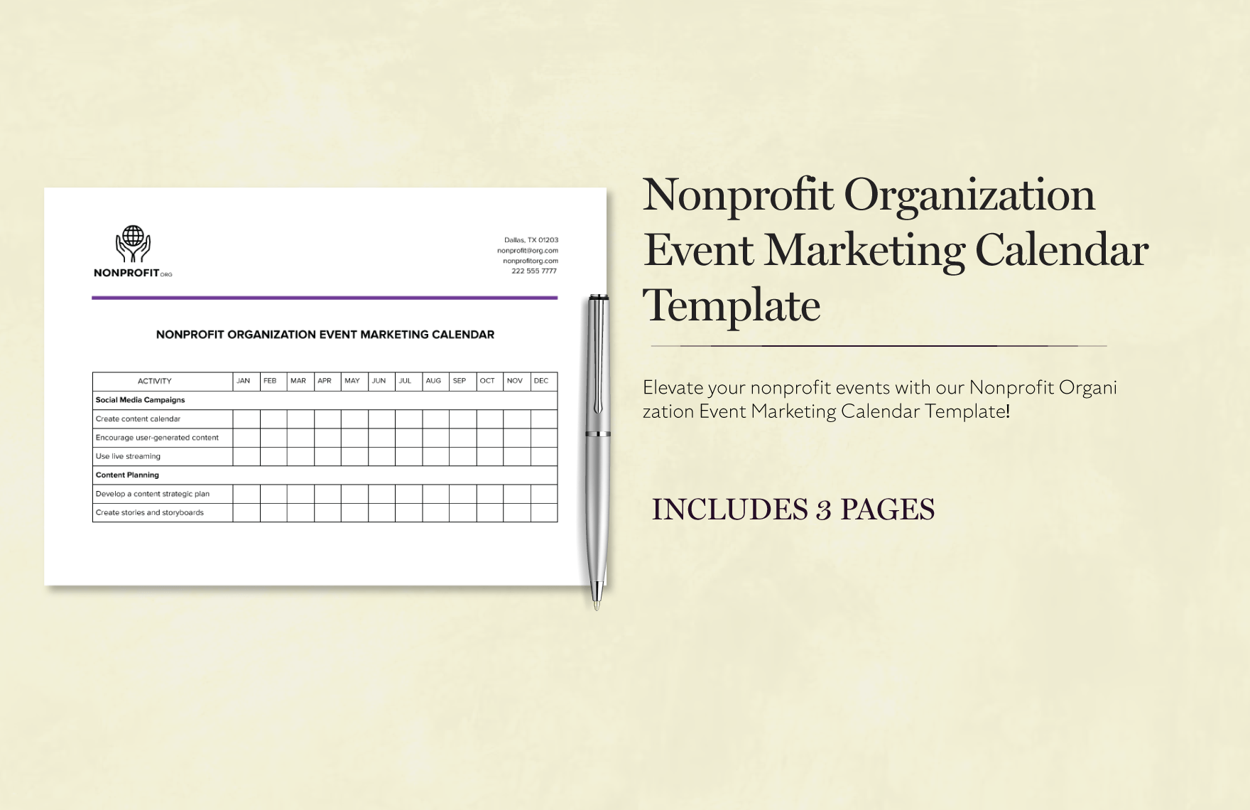 Nonprofit Organization Event Marketing Calendar Template