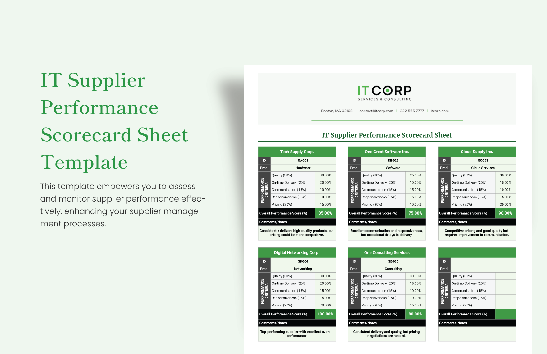 IT Supplier Performance Scorecard Sheet Template in Excel, Google Sheets