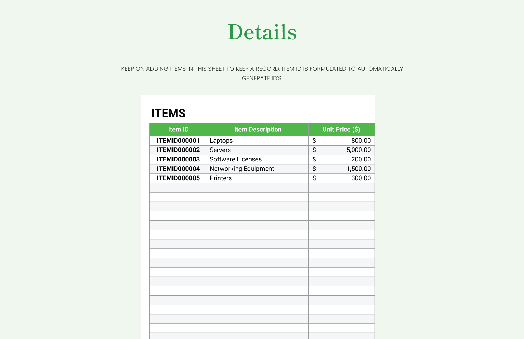 IT Purchase Order Log Sheet Template
