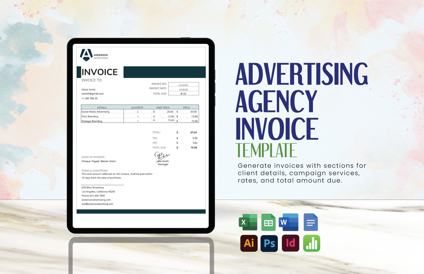 Free Advertising agency Invoice Template in Word, Google Docs, Excel, Google Sheets, Illustrator, PSD, InDesign, Apple Numbers