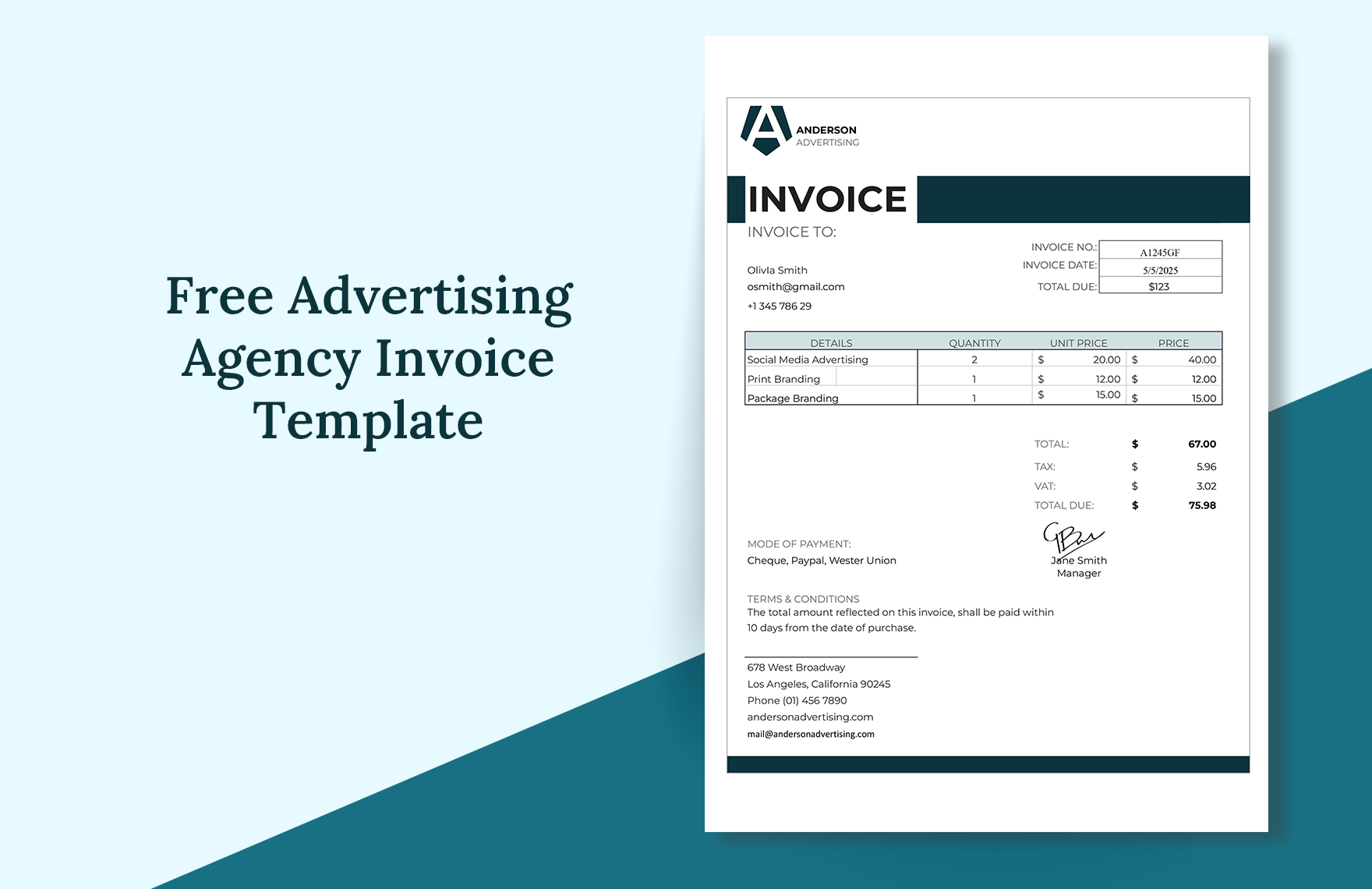 Advertising Invoice Excel Templates Spreadsheet, Free, Download