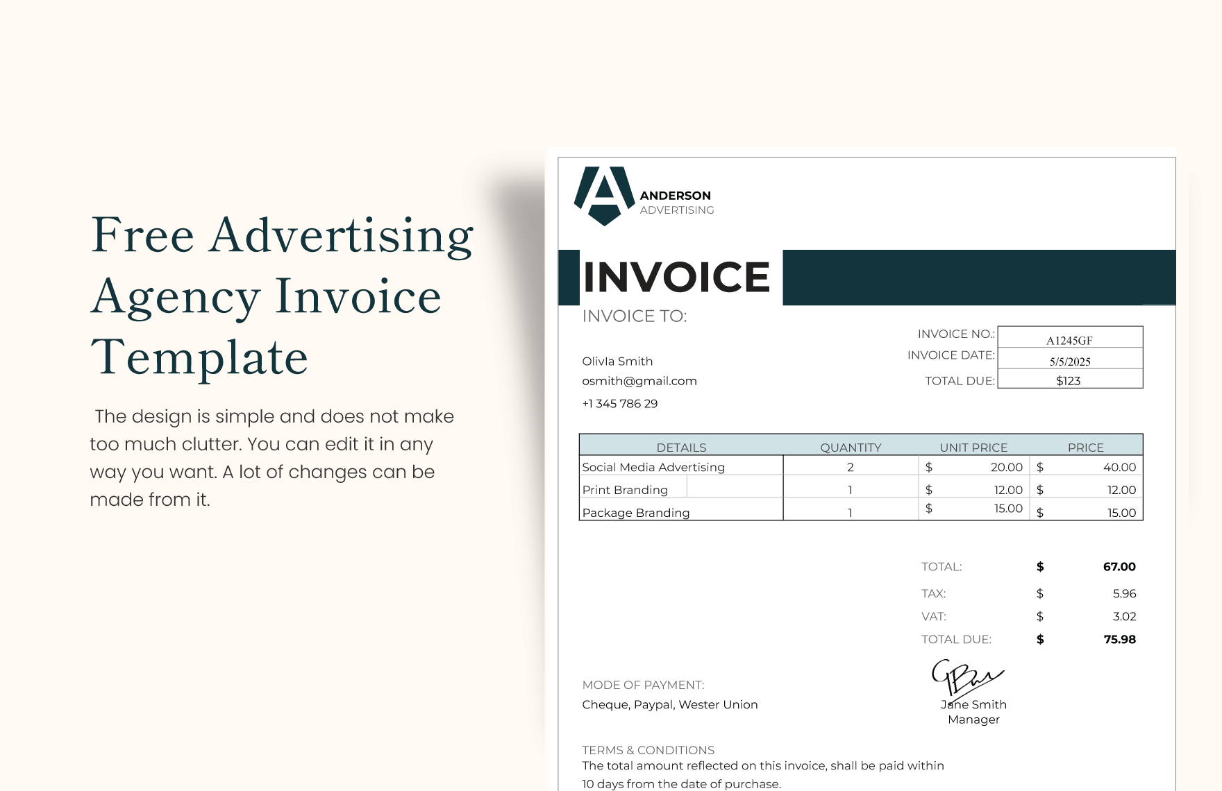 Free Advertising agency Invoice Template in Word, Google Docs, Excel, Google Sheets, Illustrator, PSD, InDesign, Apple Numbers