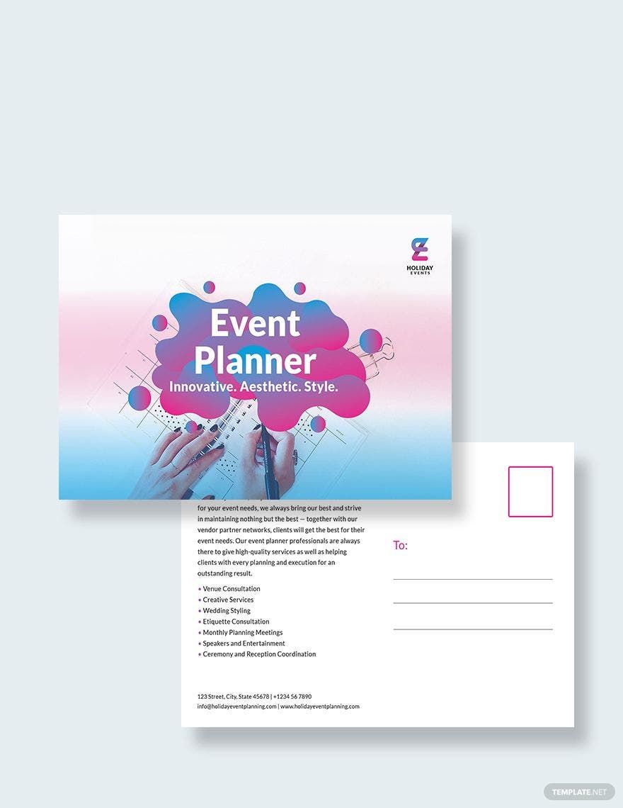 Sample Event Planner Postcard Template in Publisher Pages PSD