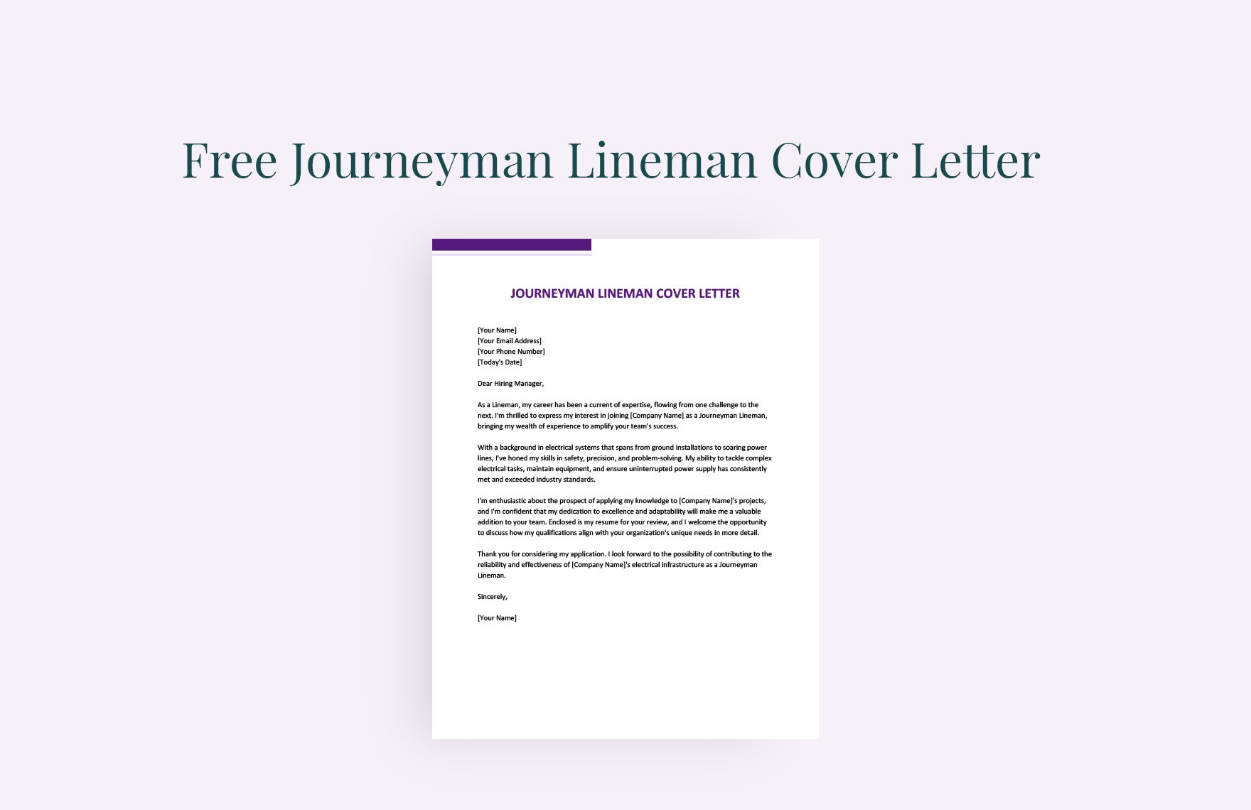 Journeyman Lineman Cover Letter in Word, Google Docs