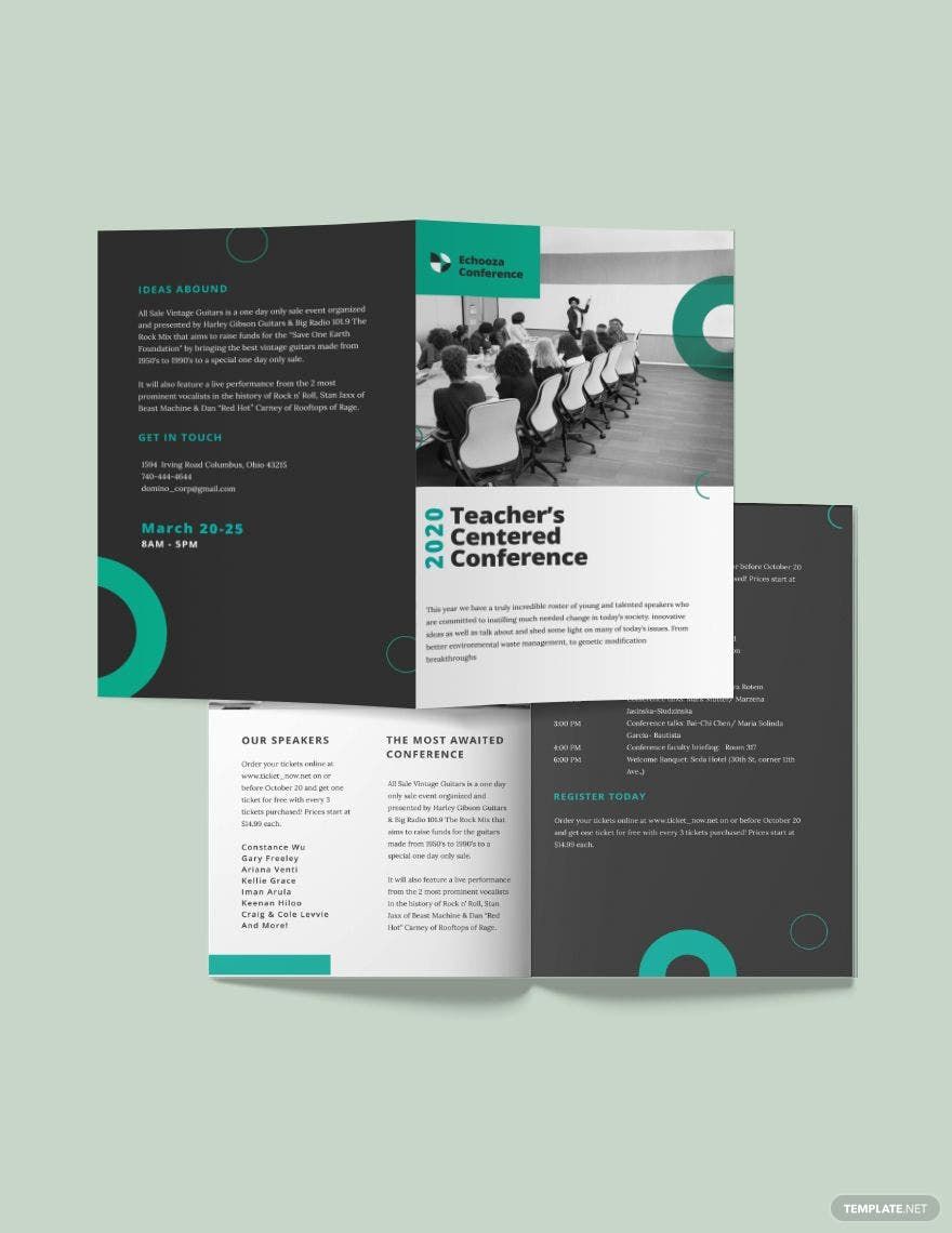 Conference Bi-Fold Brochure Template in Word, Google Docs, Illustrator, PSD, Apple Pages, Publisher, InDesign