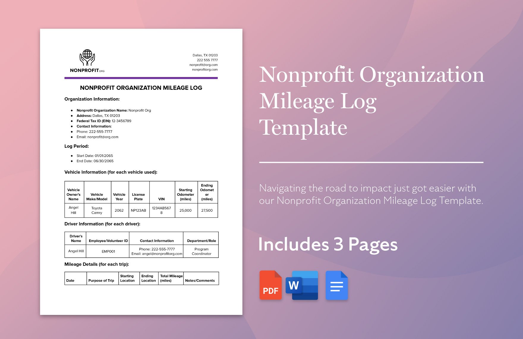 Nonprofit Organization Mileage Log Template