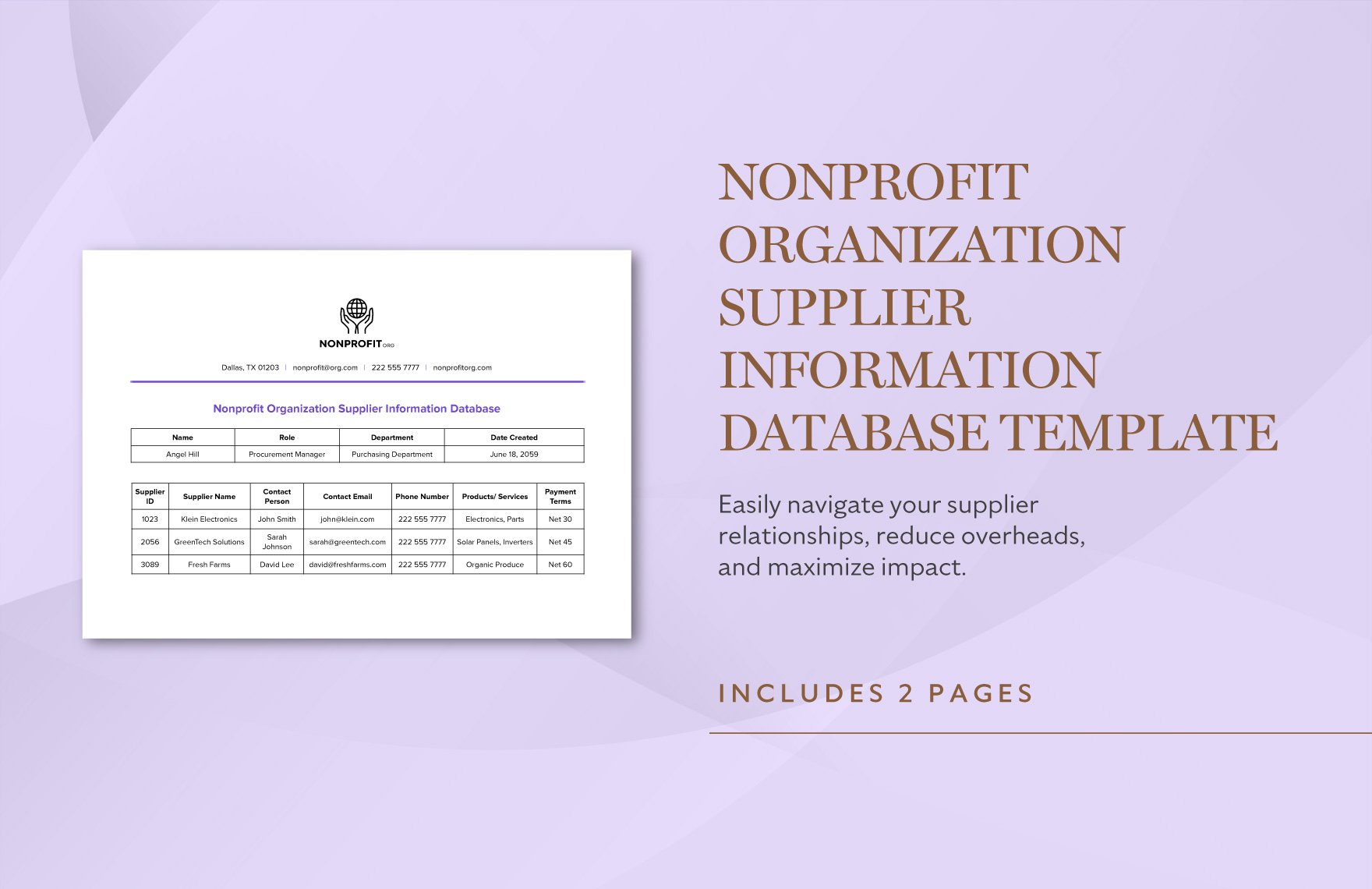 Nonprofit Organization Supplier Information Database Template in Word, Google Docs, PDF