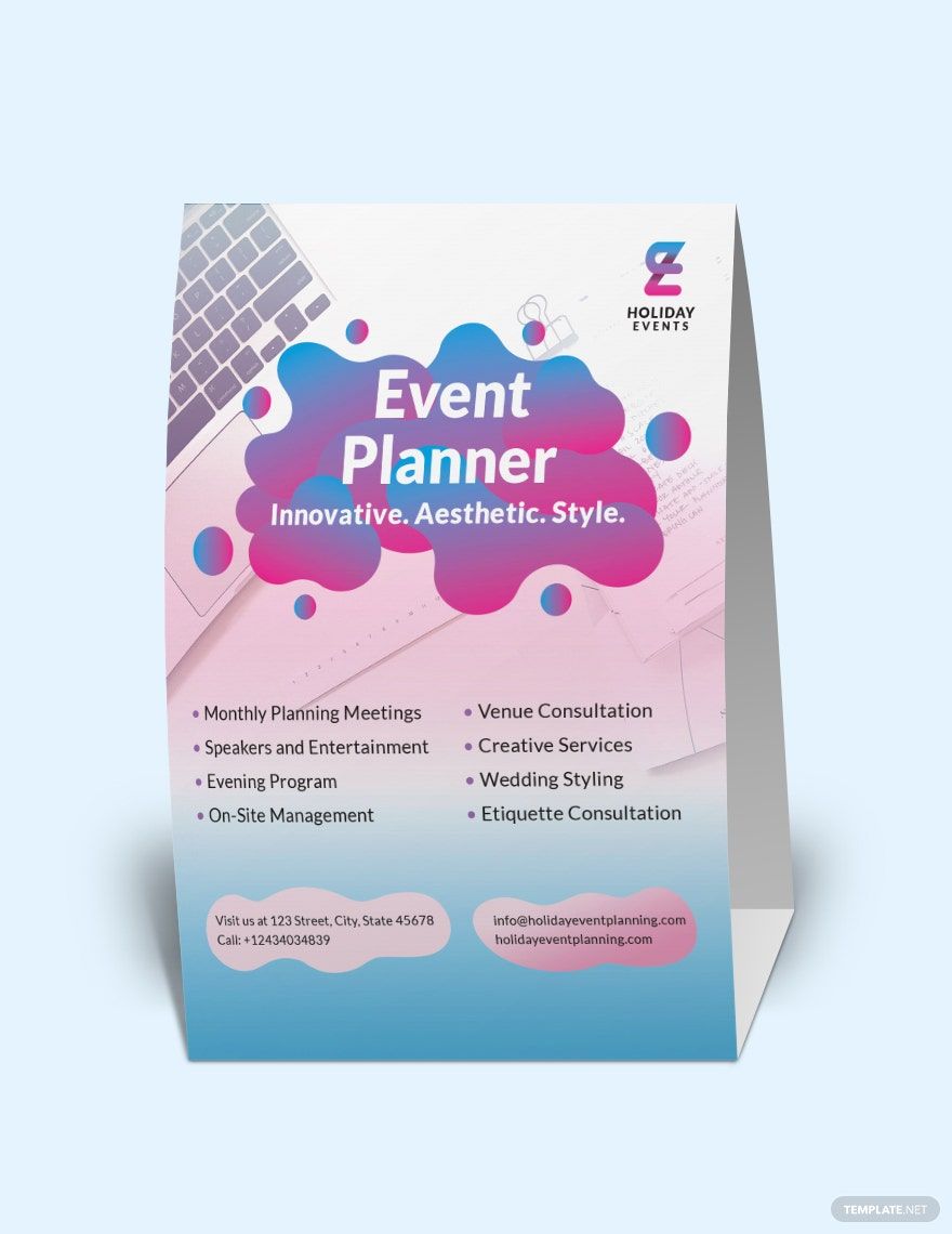 Event Planner Table Tent Template in Word, Google Docs, PDF, Illustrator, PSD, Apple Pages, Publisher, InDesign