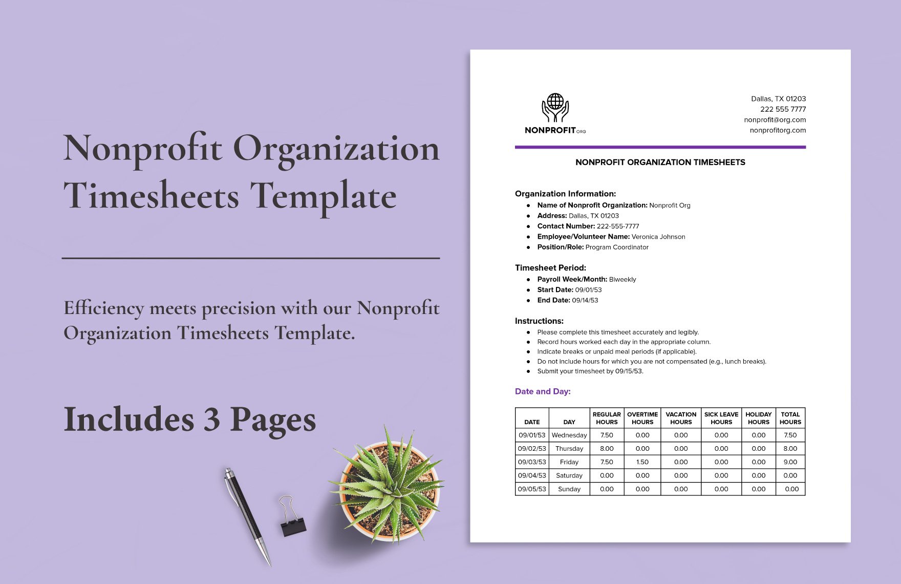 Nonprofit Organization Timesheets Template in Word, Google Docs, PDF