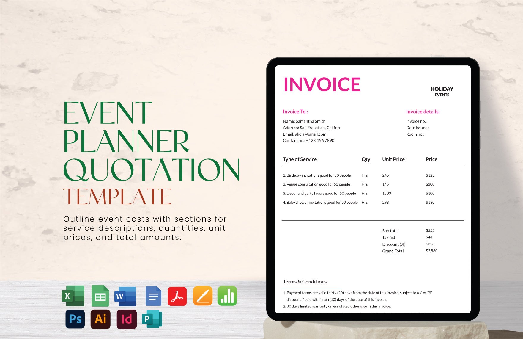 Event Planner Quotation Template in Word, Google Docs, Excel, PDF, Google Sheets, Illustrator, PSD, Apple Pages, Publisher, InDesign, Apple Numbers