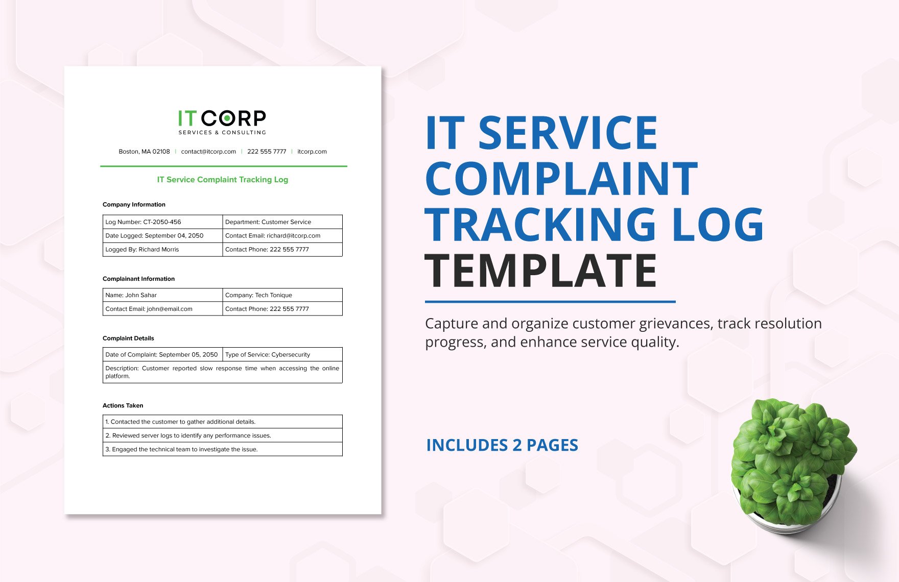 IT Service Complaint Tracking Log Template