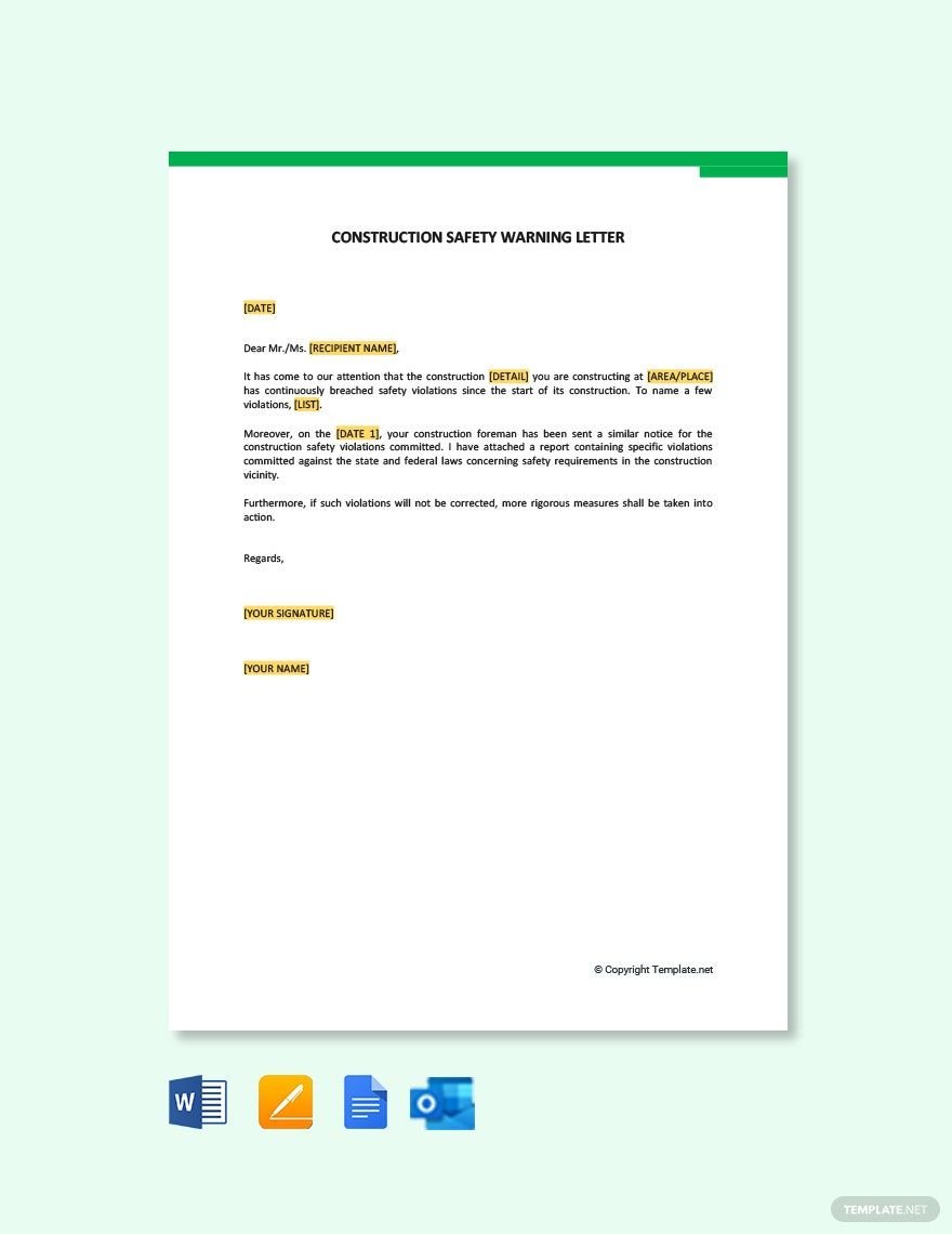 Construction Safety Warning Letter in Word, Google Docs, PDF, Apple Pages, Outlook