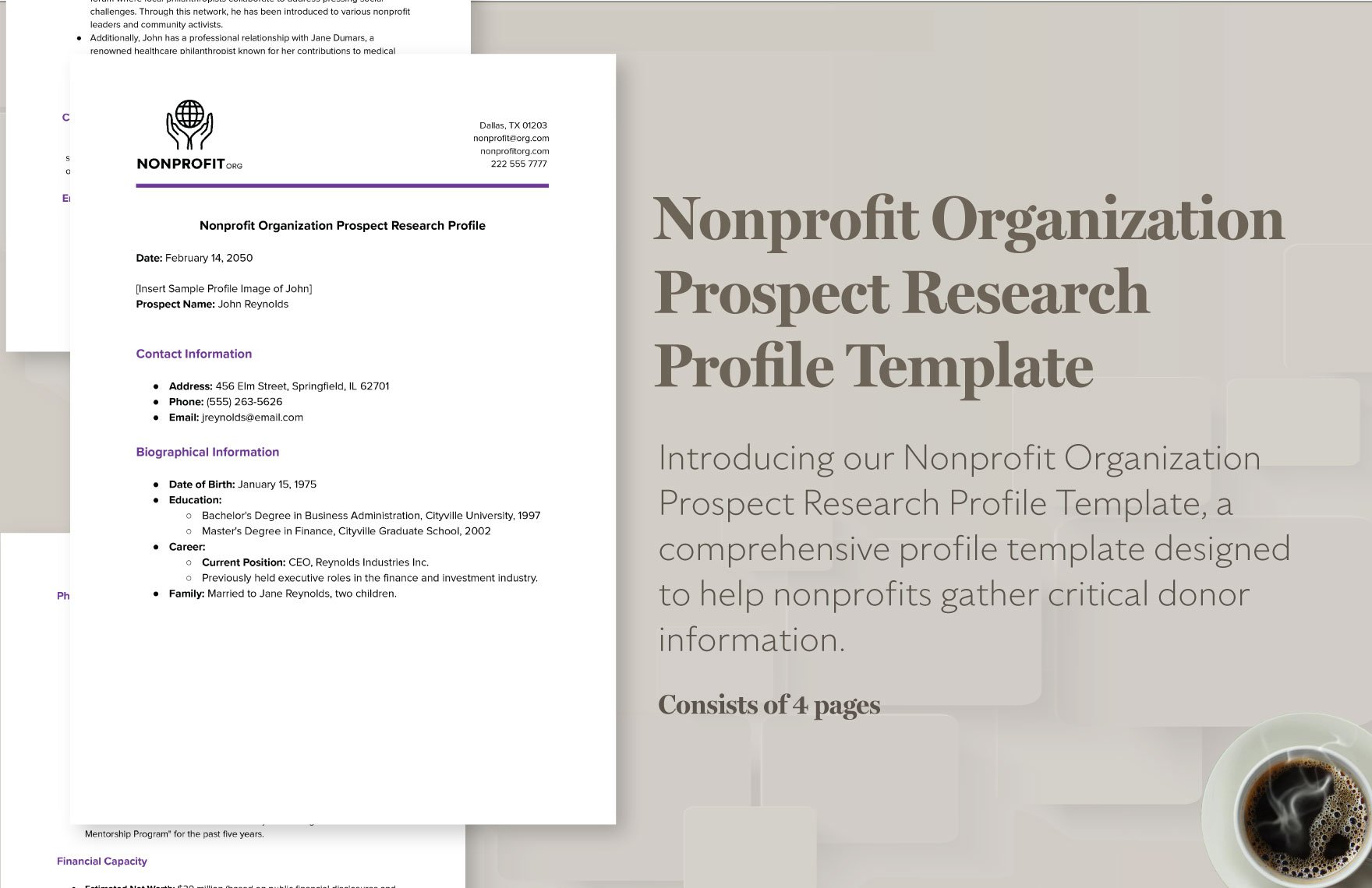 Nonprofit Organization Prospect Research Profile Template in Word, Google Docs, PDF
