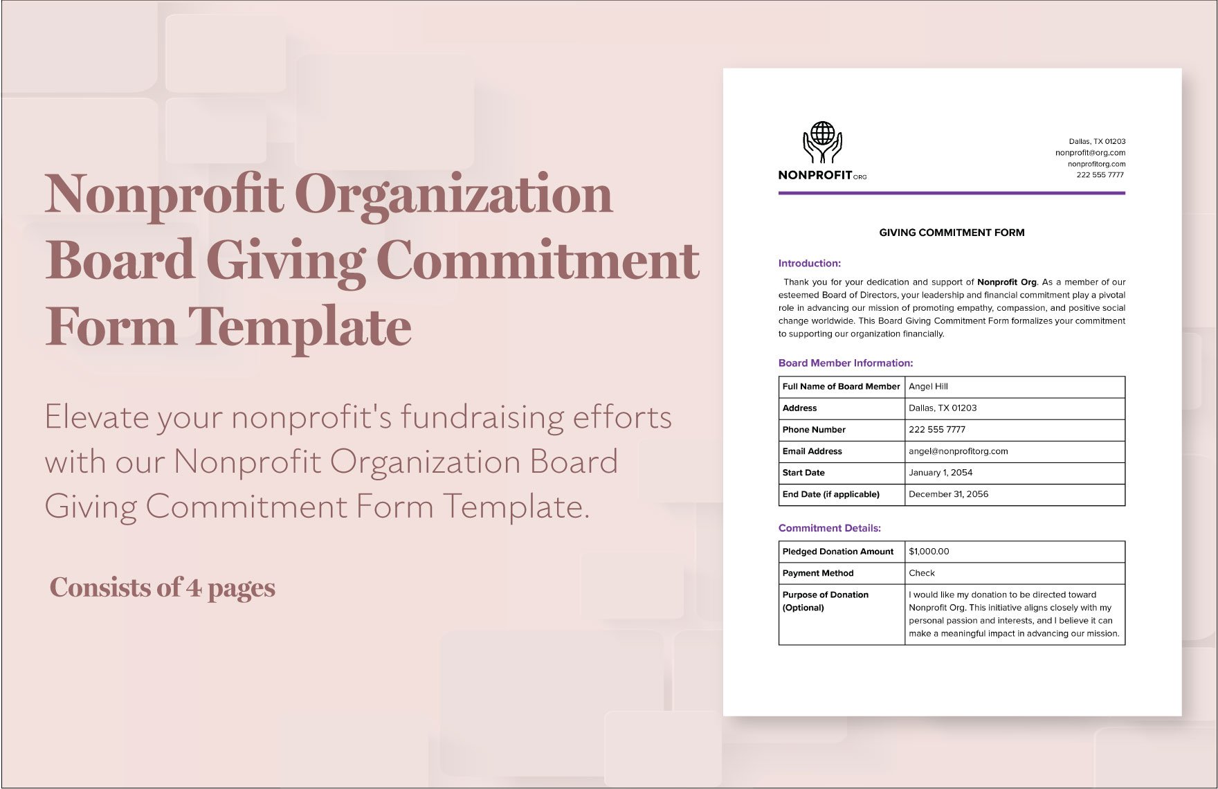 Nonprofit Organization Board Giving Commitment Form Template