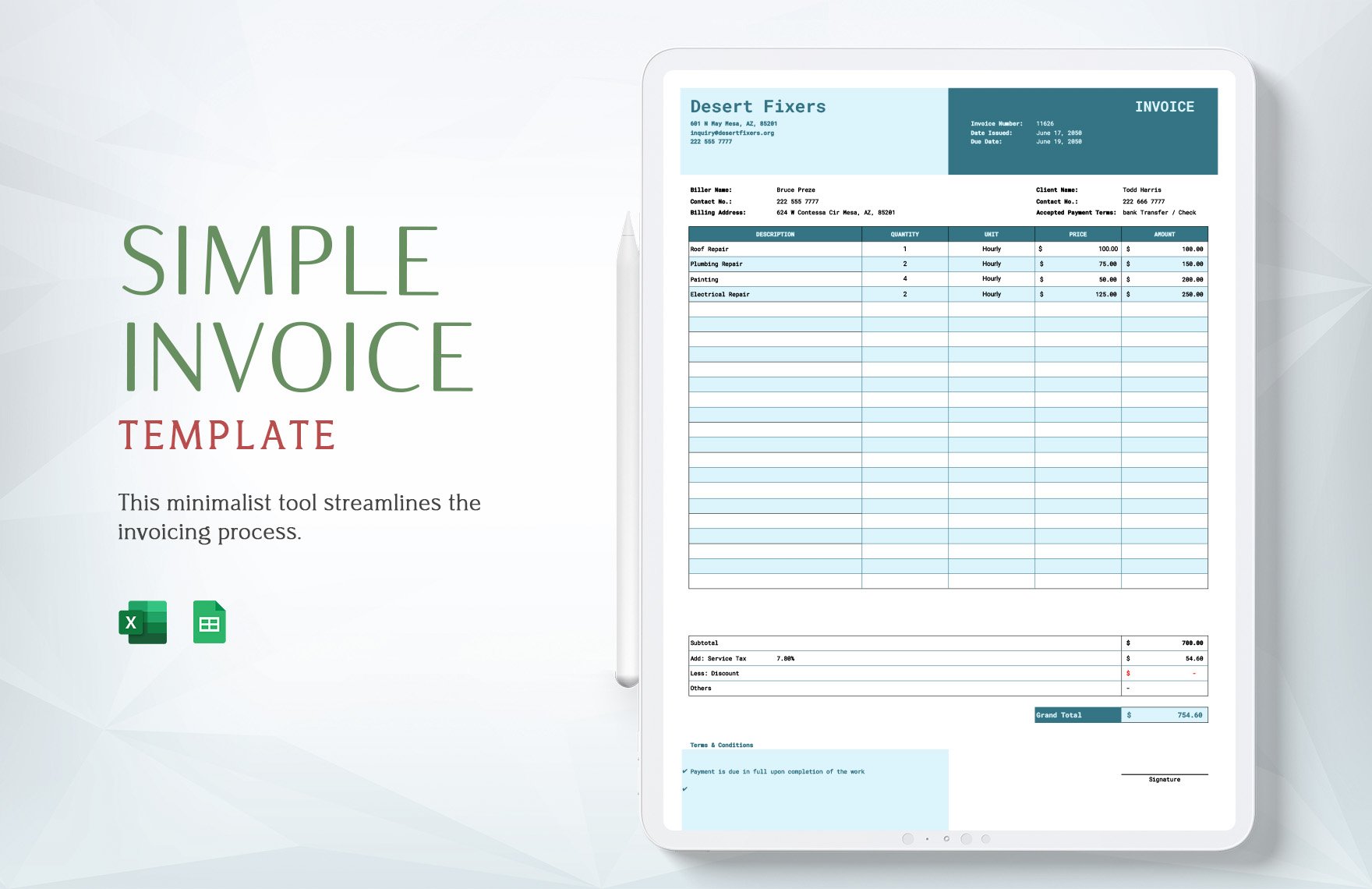 Free Simple Invoice Template in Excel, Google Sheets