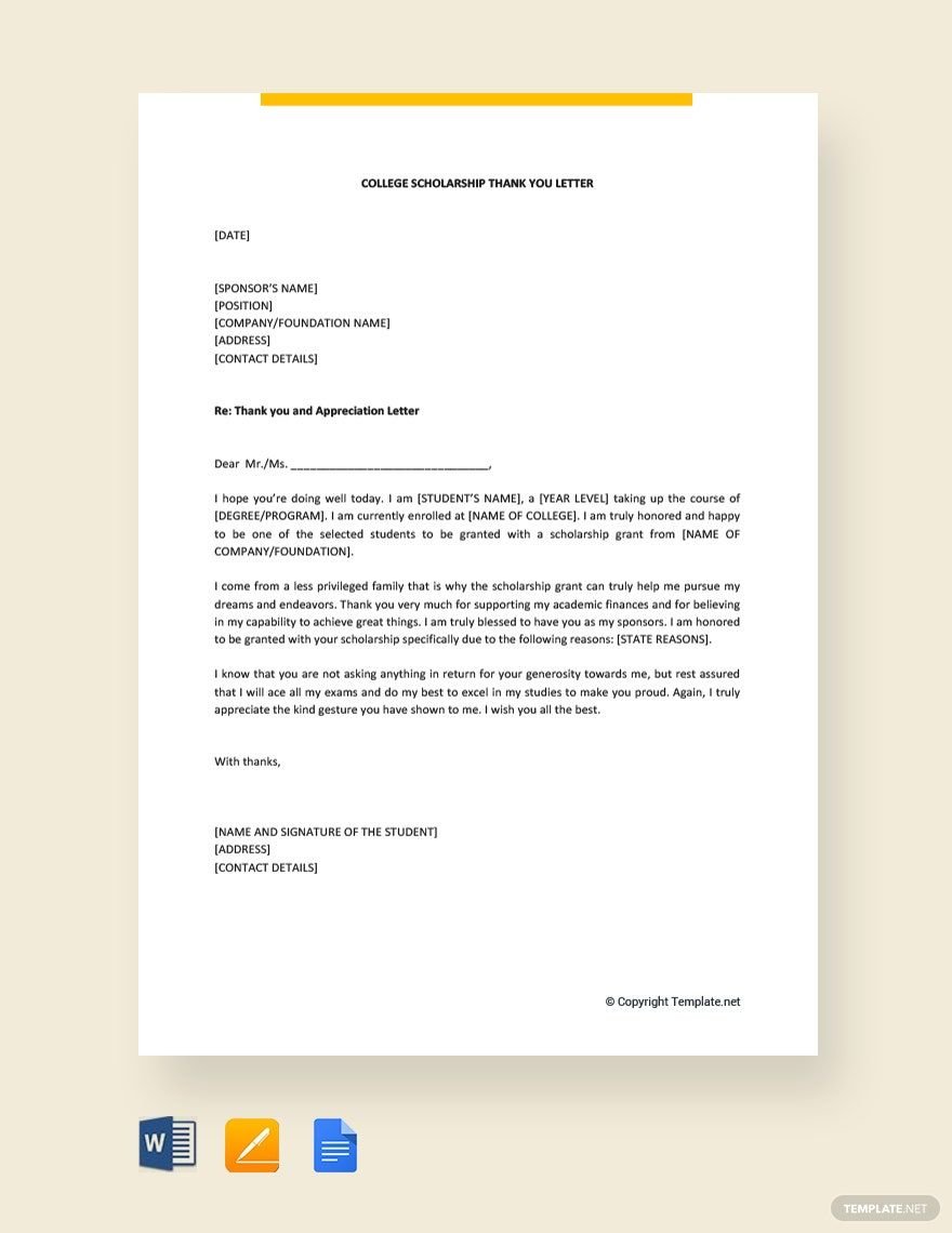 Free College Scholarship Thank You Letter Template