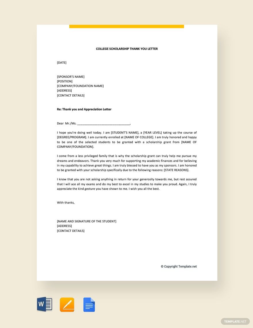 College Scholarship Thank You Letter in Google Docs, Pages, Word, PDF - Download | Template.net