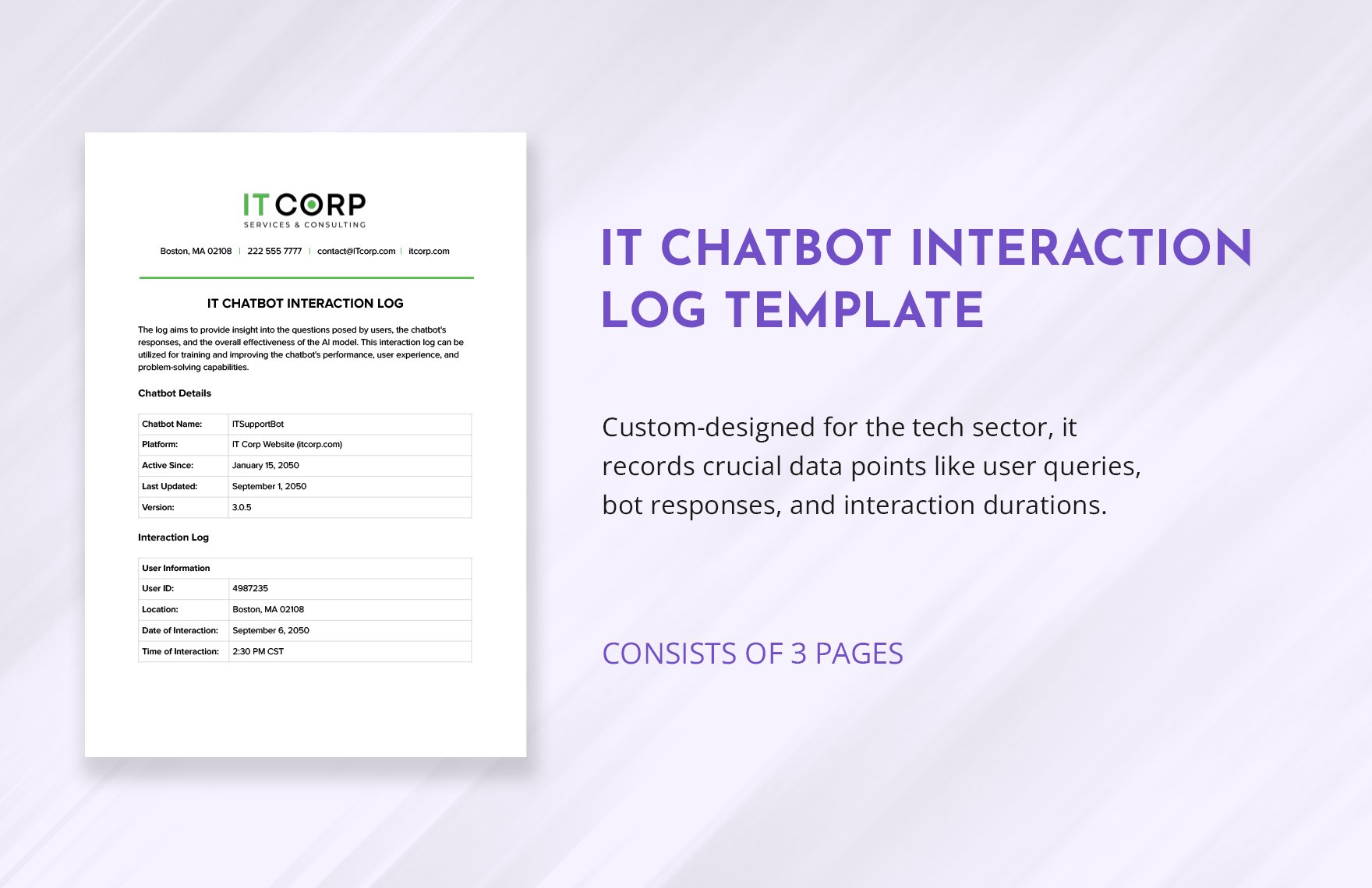 IT Chatbot Interaction Log Template in Word, Google Docs, PDF