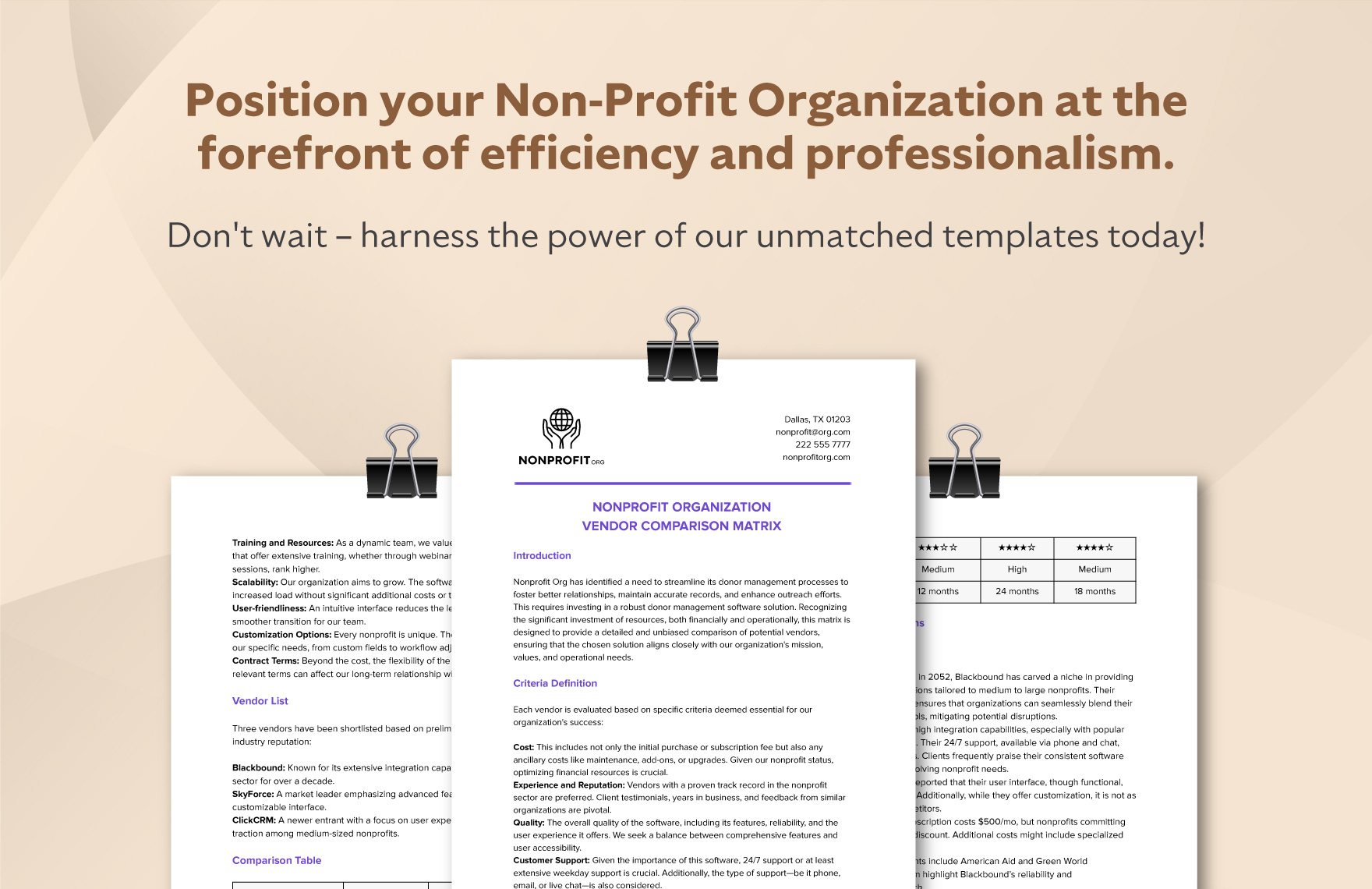 Nonprofit Organization Vendor Comparison Matrix Template