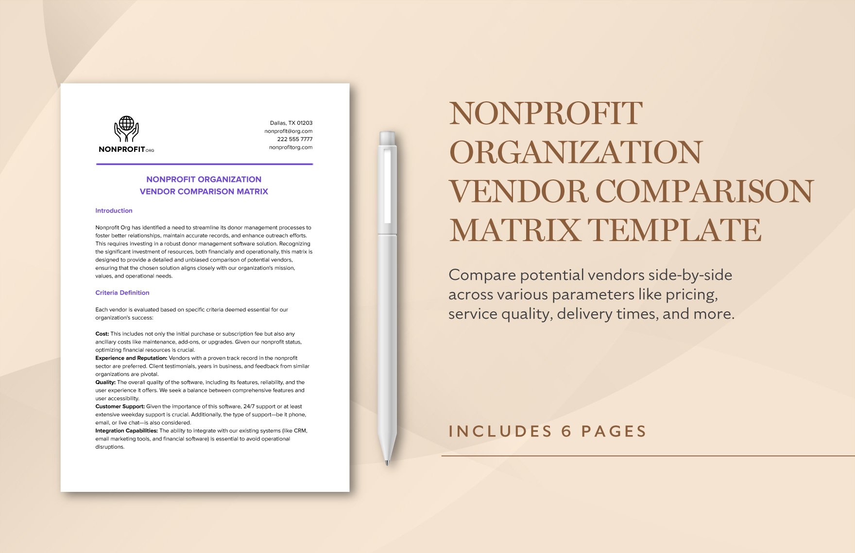 Nonprofit Organization Vendor Comparison Matrix Template