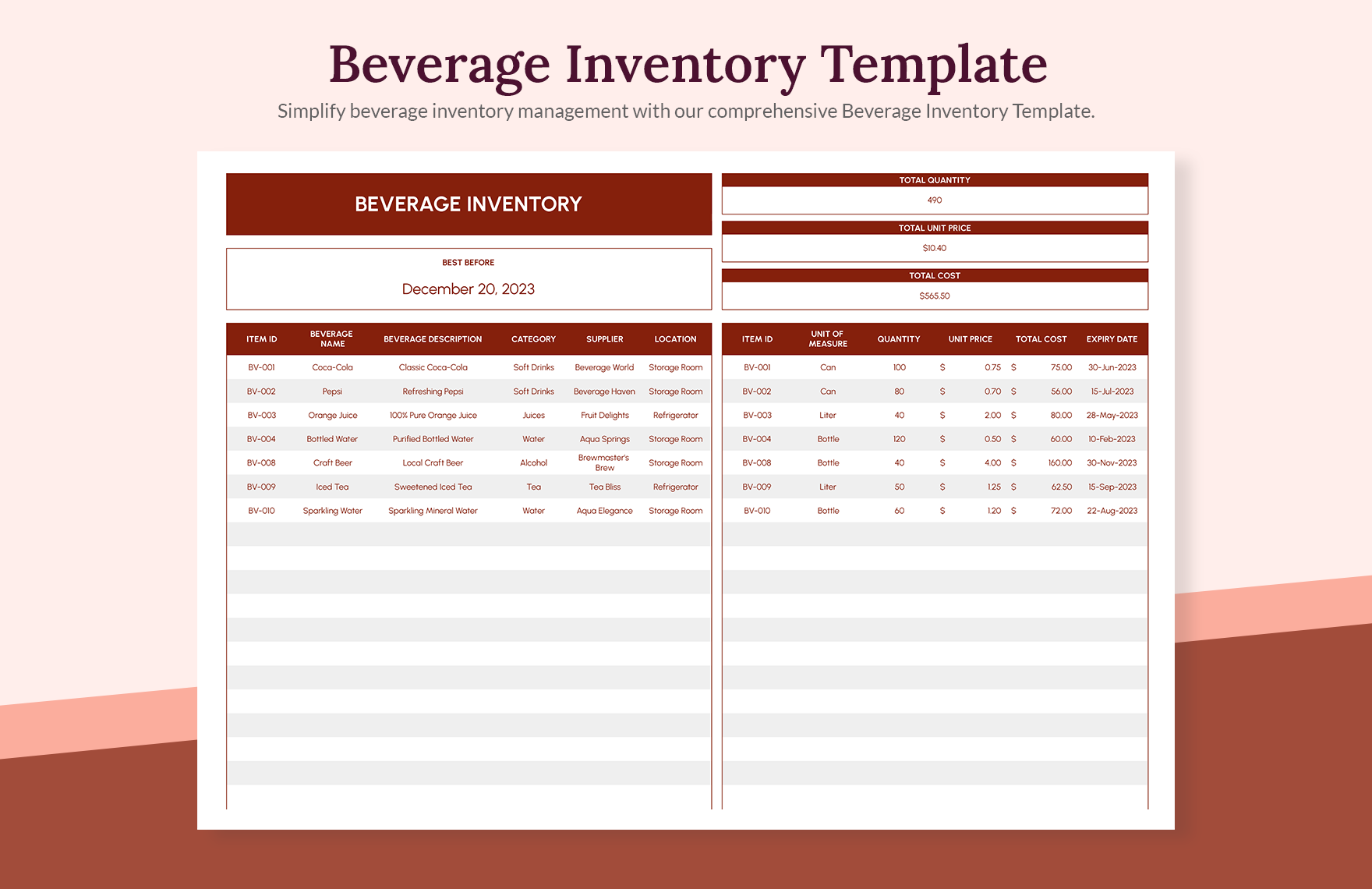 Beverage Inventory Template in Excel, Google Sheets