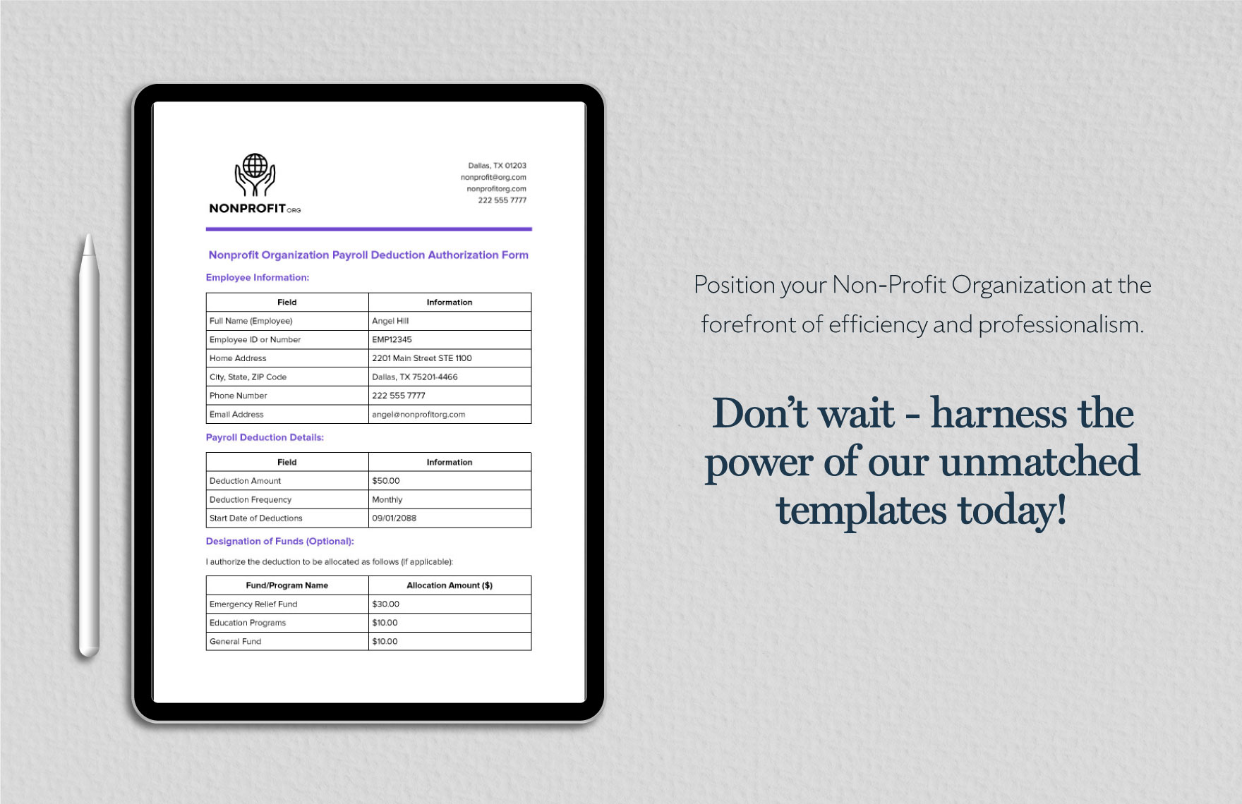 Nonprofit Organization Payroll Deduction Authorization Form Template