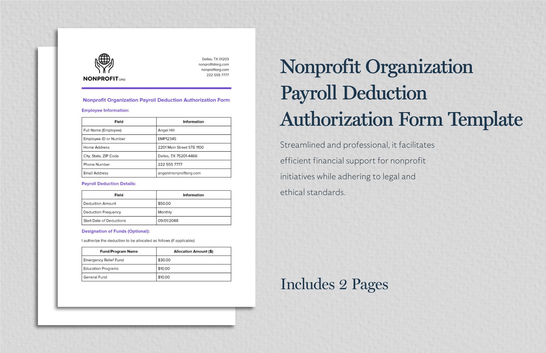Nonprofit Organization Payroll Deduction Authorization Form Template