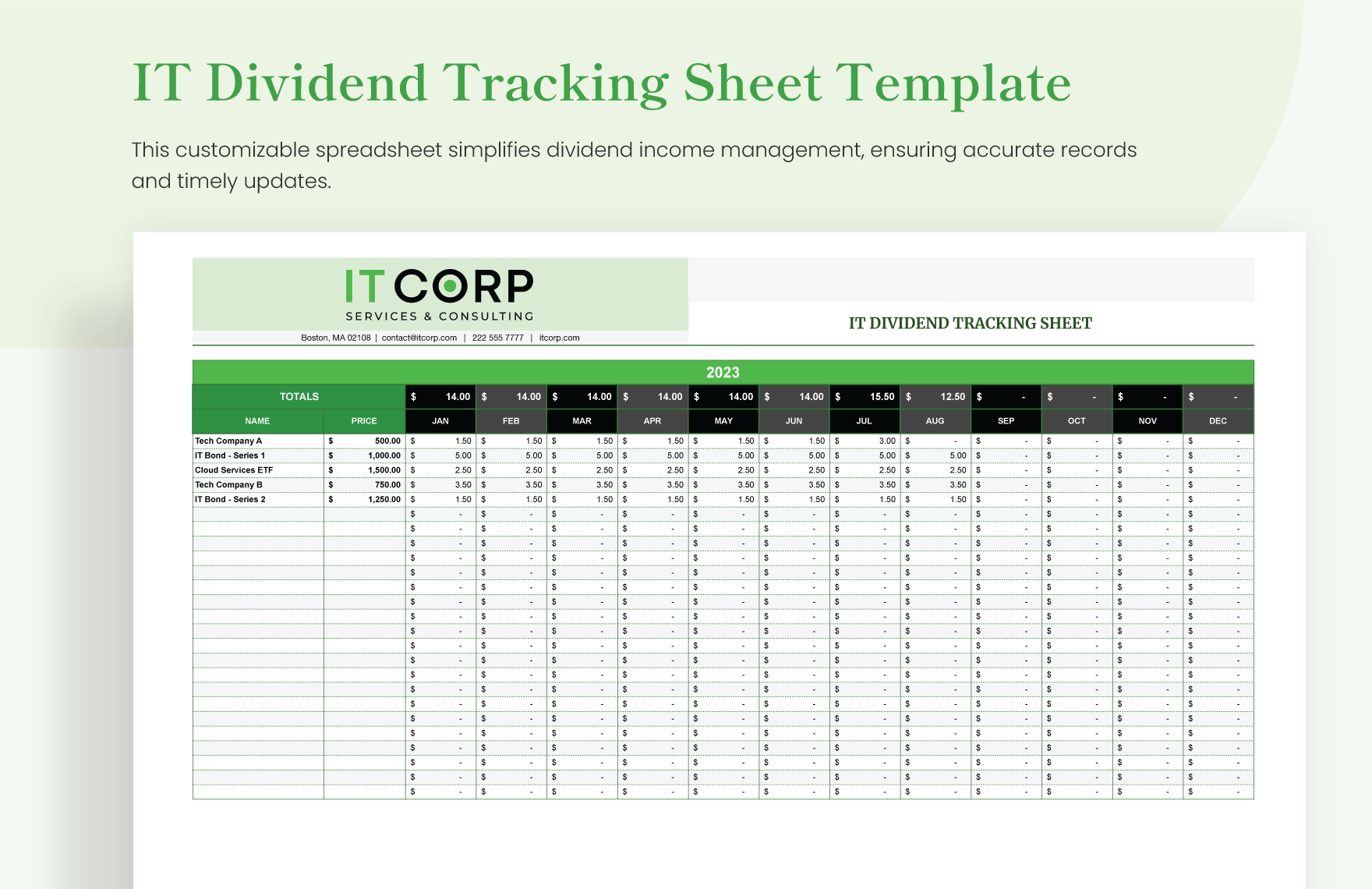 IT Dividend Tracking Sheet Template