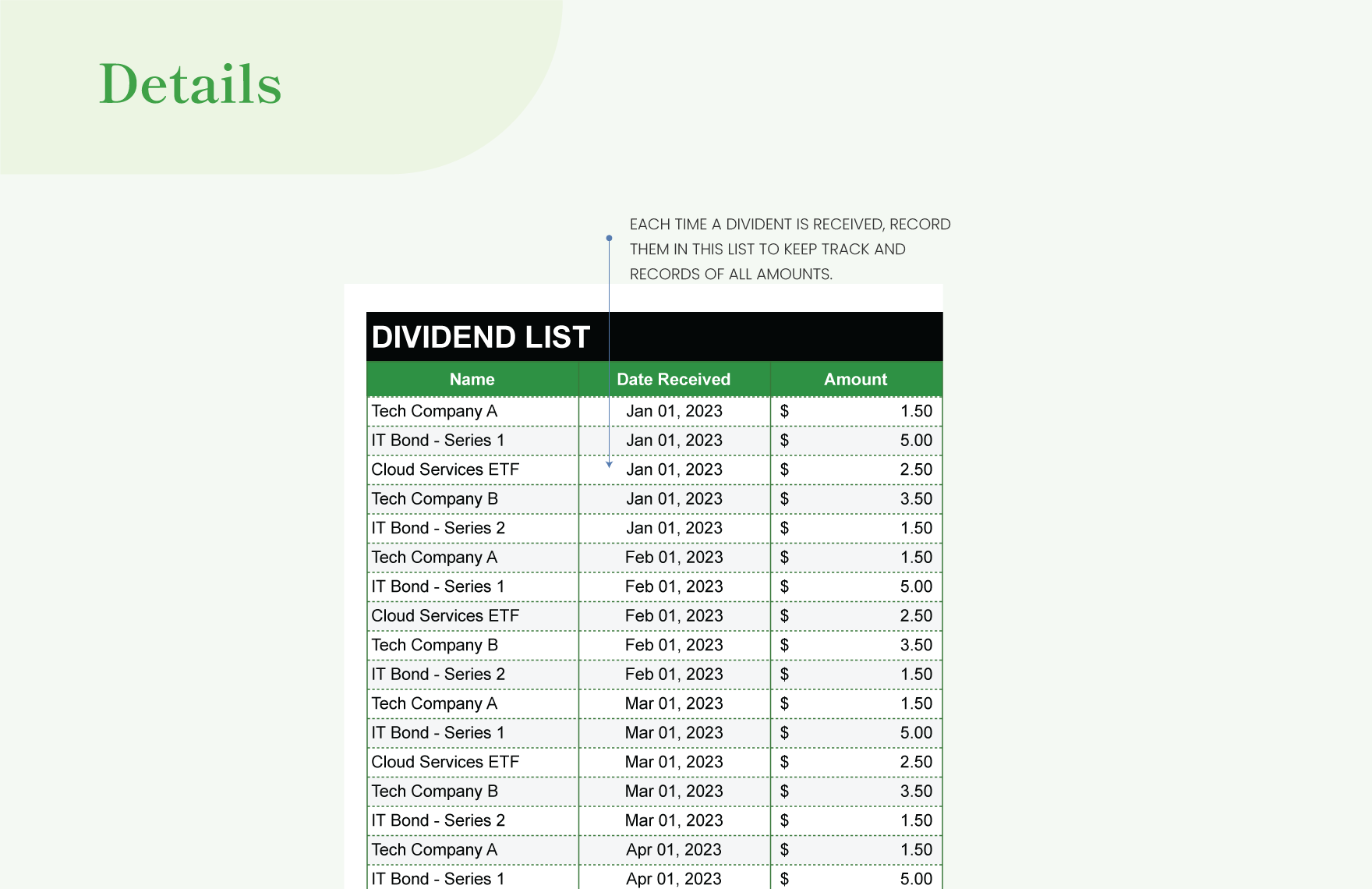 IT Dividend Tracking Sheet Template
