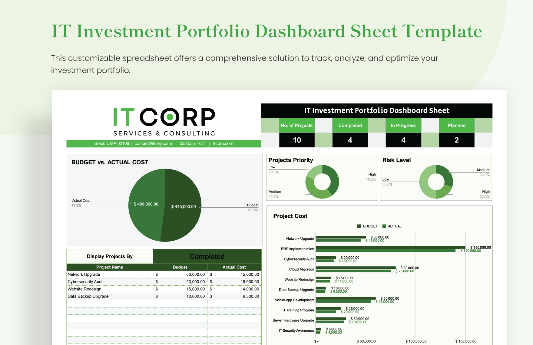 IT Investment Portfolio Dashboard Sheet Template