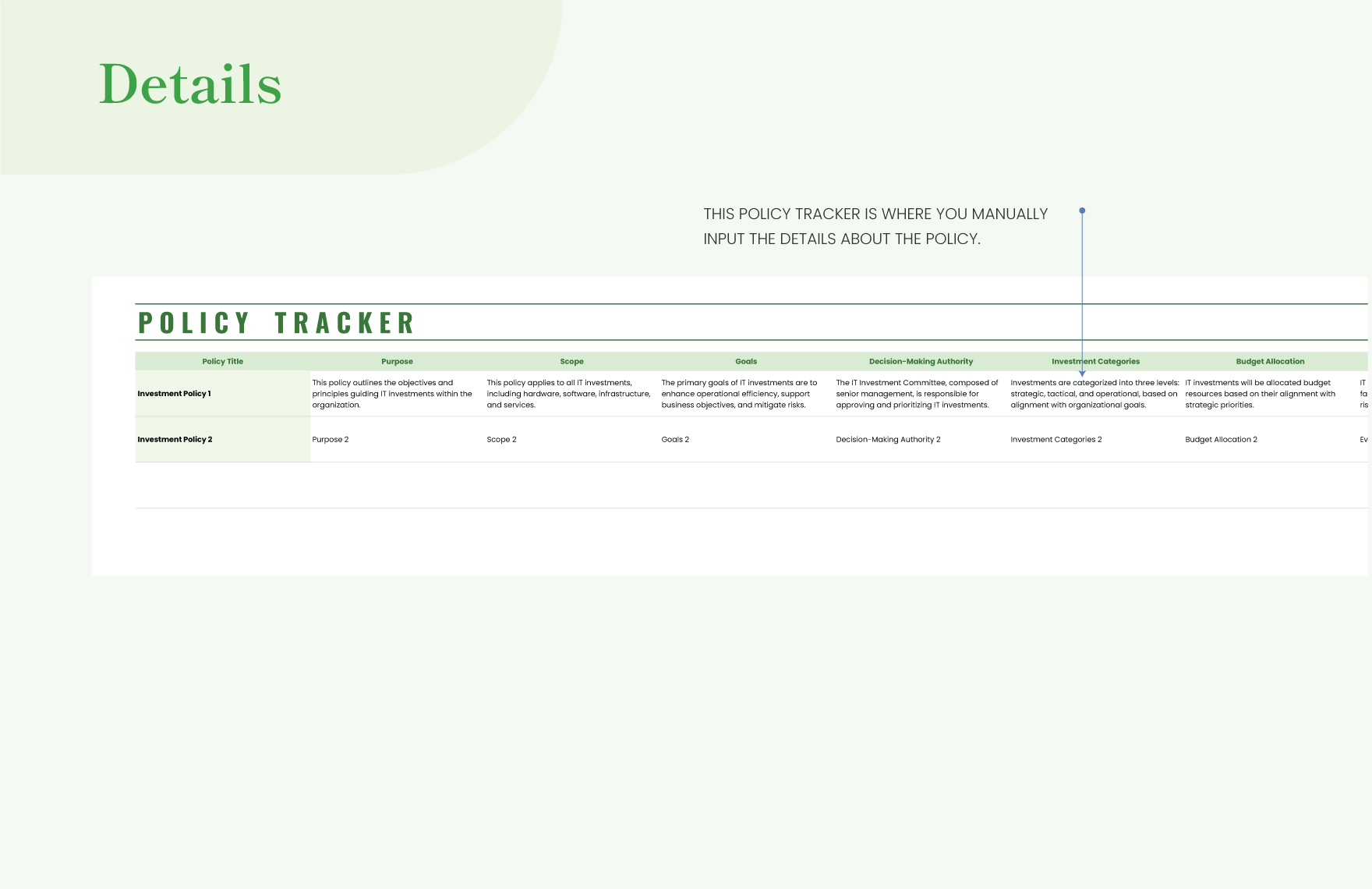 IT Investment Policy Statement Sheet Template