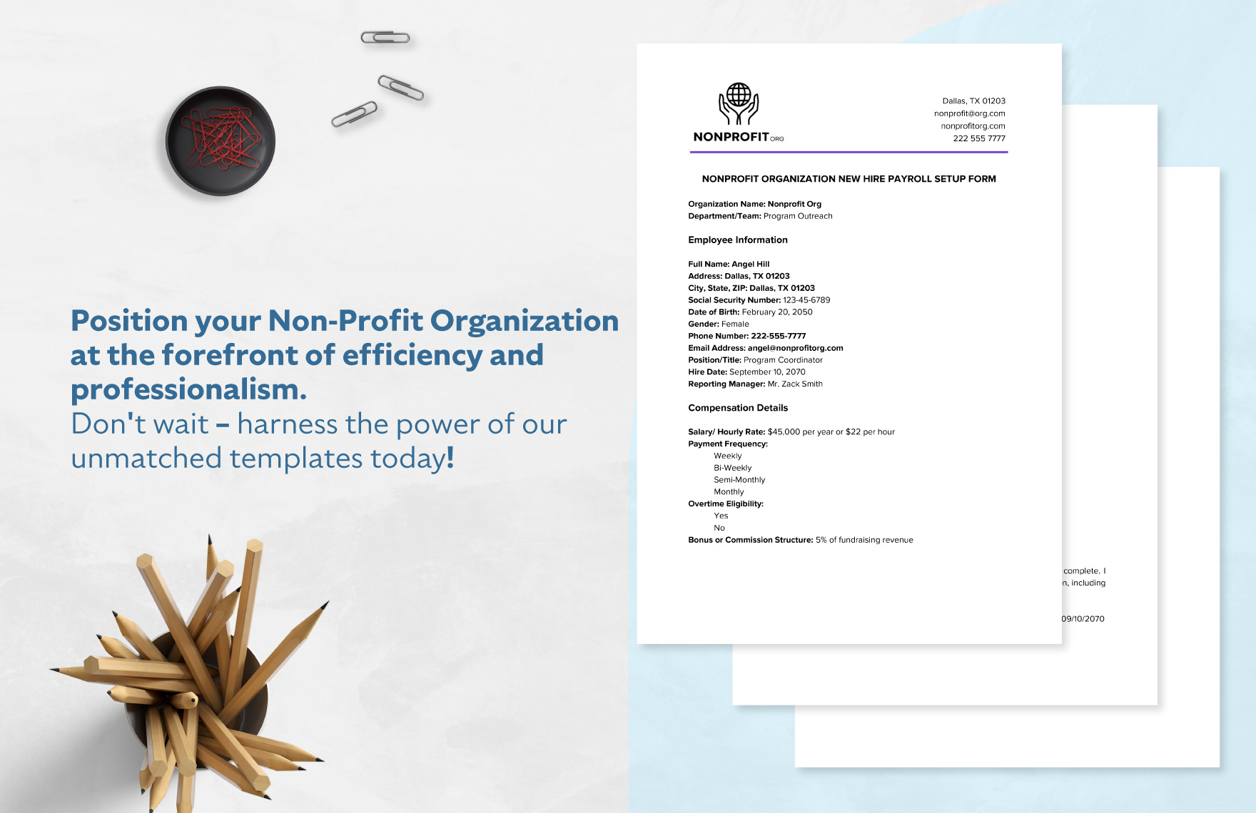 Nonprofit Organization New Hire Payroll Setup Form Template