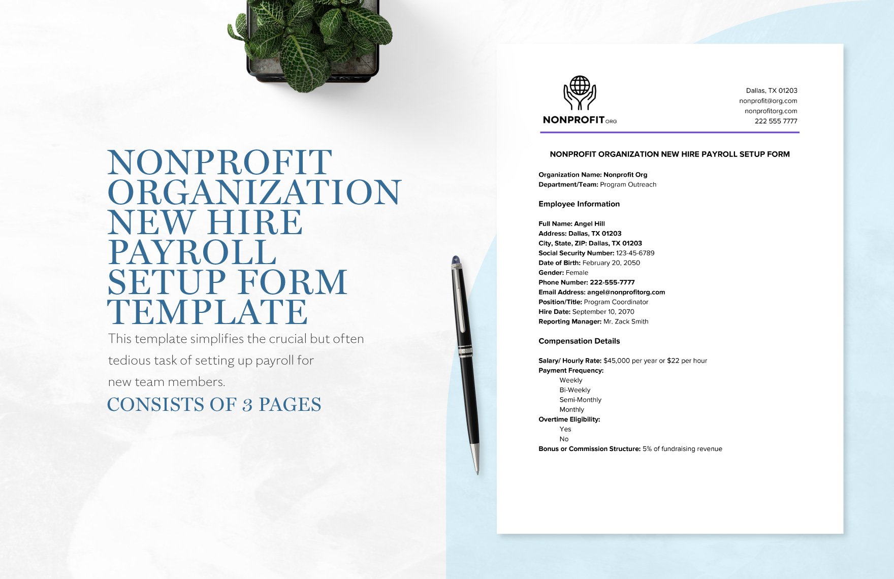 Nonprofit Organization New Hire Payroll Setup Form Template