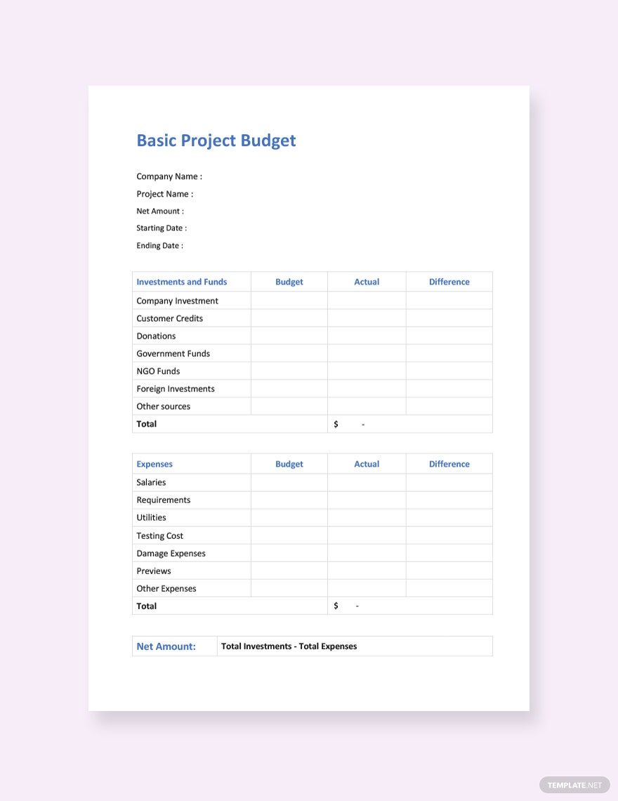 Basic Project Budget Template in Word, Google Docs, Excel, PDF, Google Sheets, Apple Pages, Apple Numbers