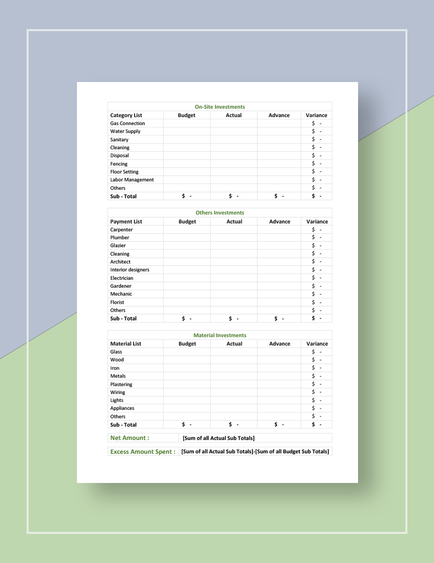 Construction Project Budget Template