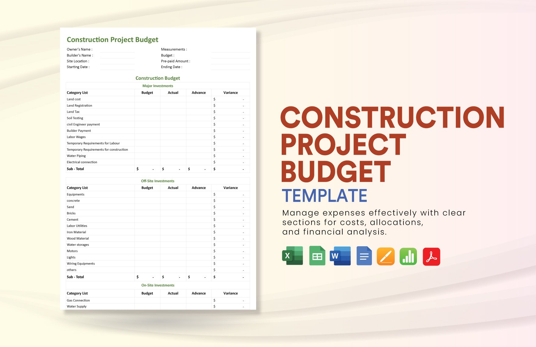 Construction Project Budget Template in Word, Google Docs, Excel, PDF, Google Sheets, Apple Pages, Apple Numbers
