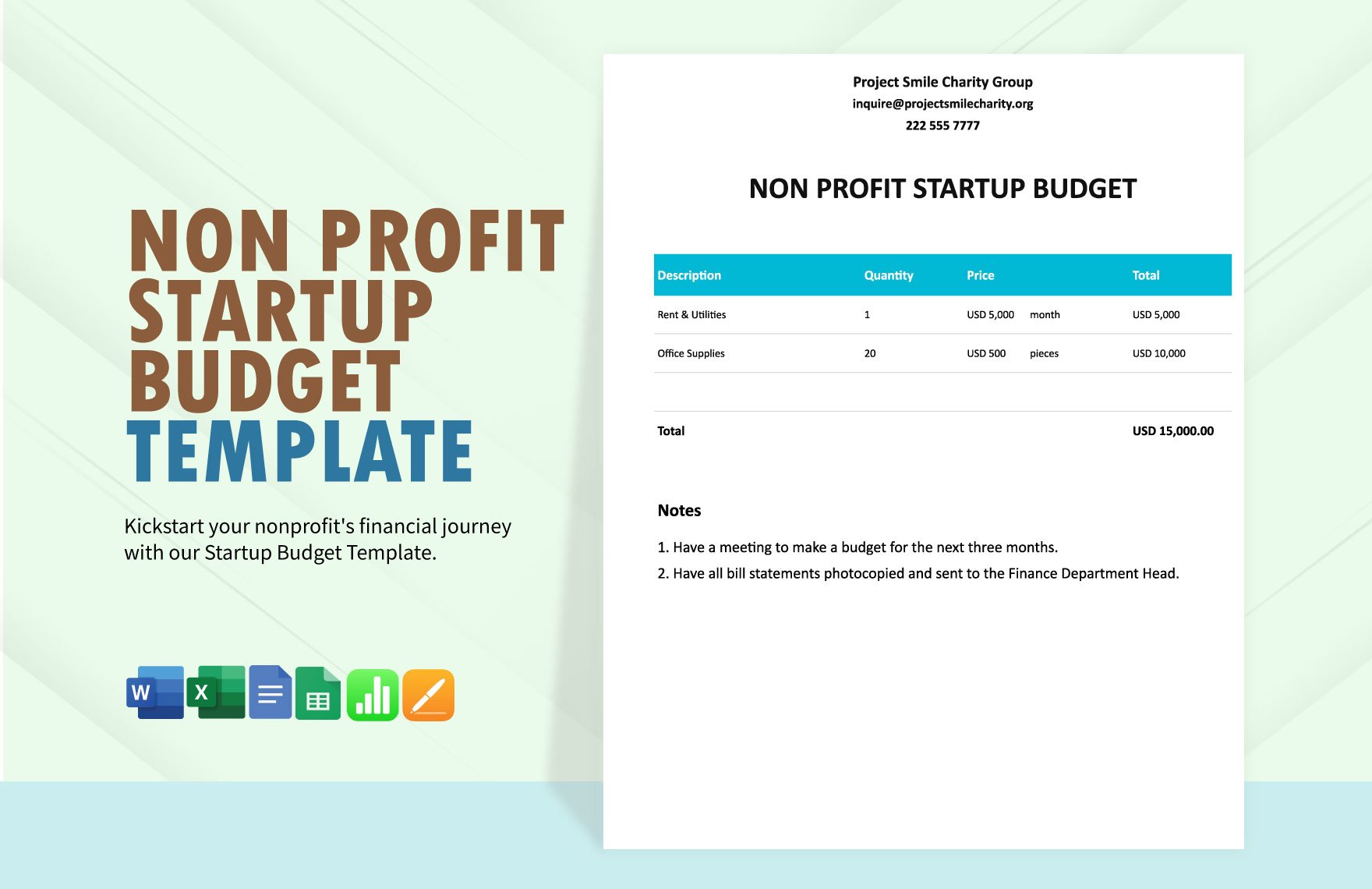 Non Profit Startup Budget Template in Word, Google Docs, Excel, Google Sheets, Apple Pages, Apple Numbers
