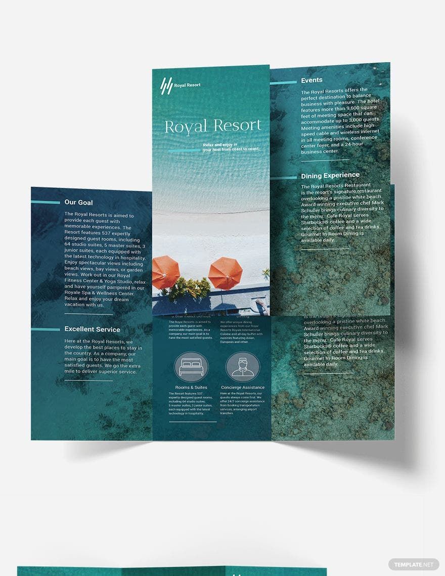 Royal Resort Tri-Fold Brochure Template in Word, Google Docs, Illustrator, PSD, Apple Pages, Publisher, InDesign